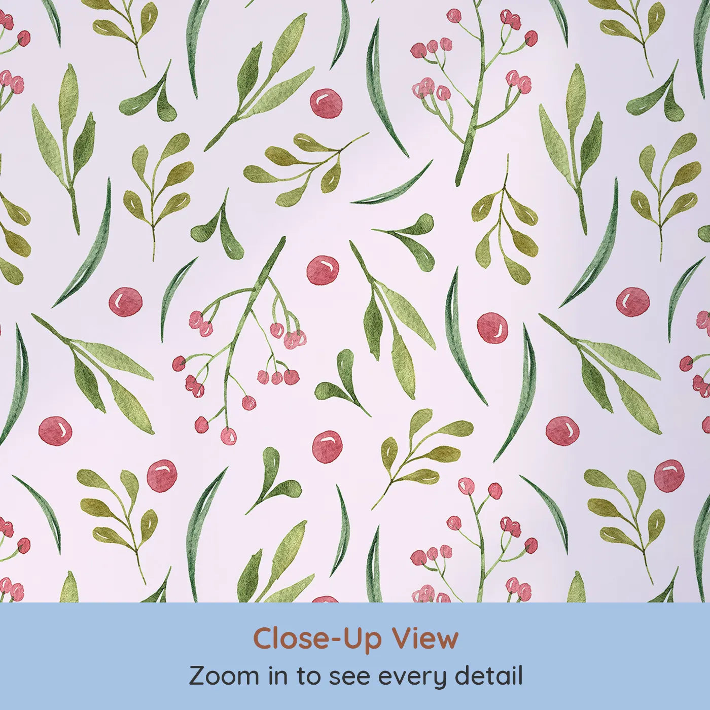 Close-up view of Whimsy Tots' Berry Leaf Doodle Wallpaper in Blush Pink (W3267B).Watercolor berries and leafy twigs play across a soft blush breeze.