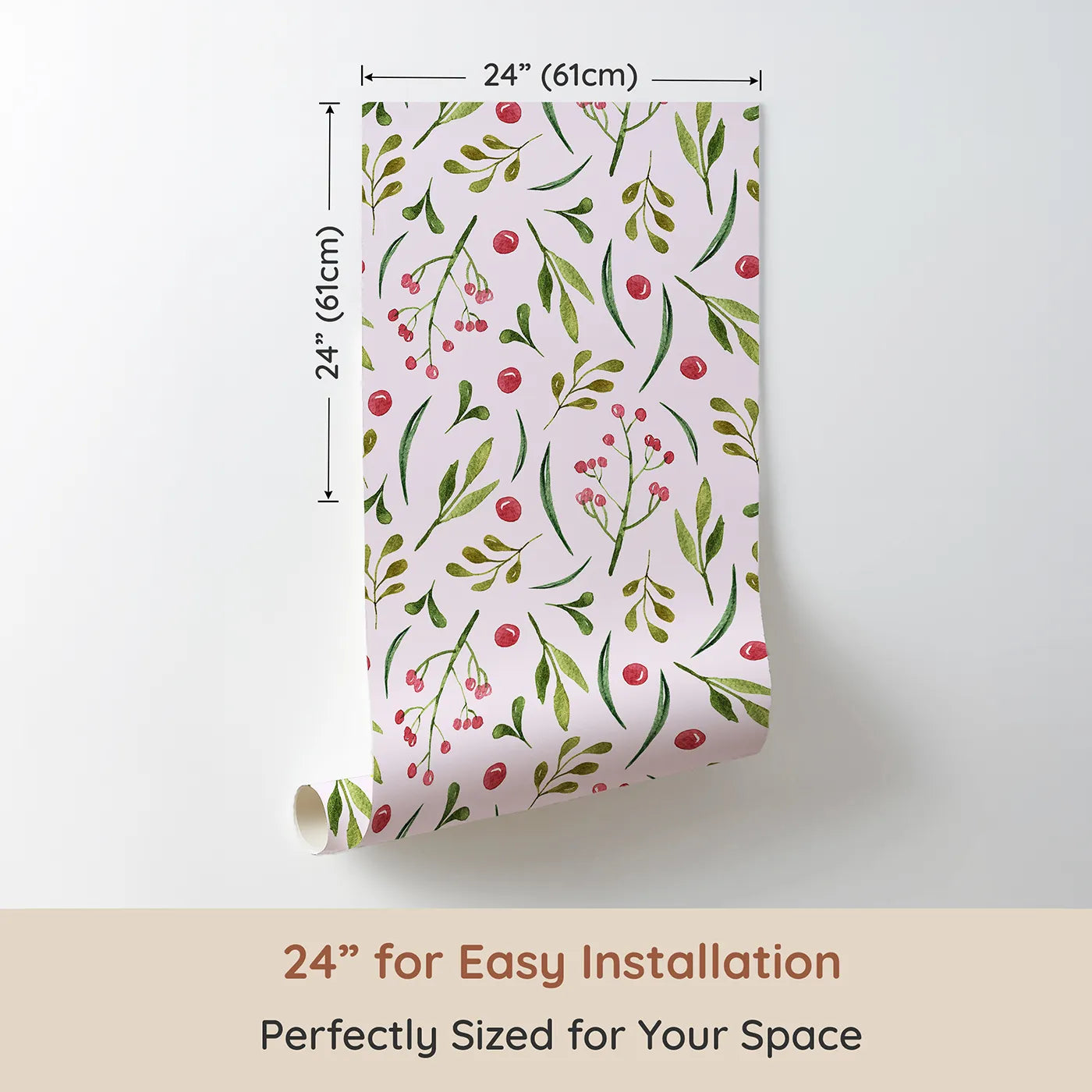 Dimension view of Whimsy Tots Berry Leaf Doodle Wallpaper in Blush Pink (W3267B). Printed in 24-inch-wide panel for easy installation. Watercolor berries and leafy twigs play across a soft blush breeze.