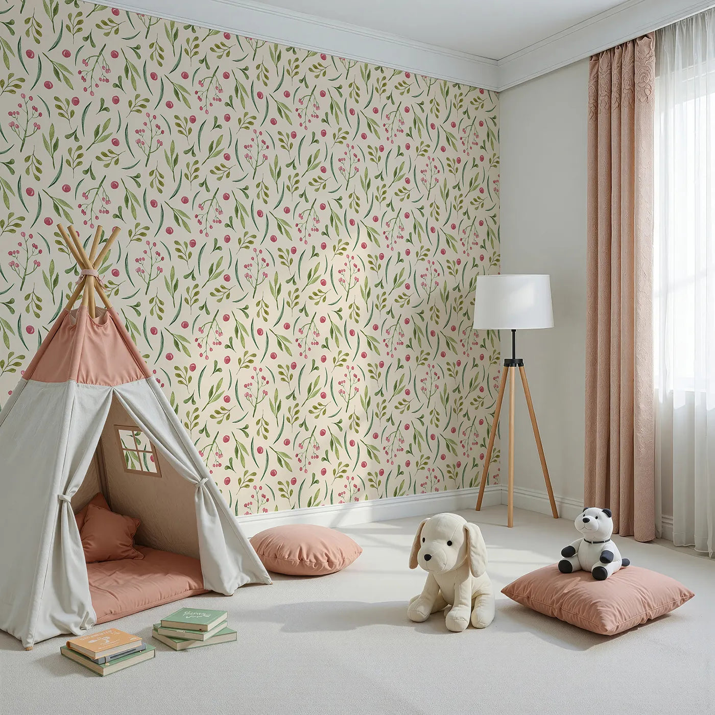Angled view of Whimsy Tots' Berry Leaf Doodle Wallpaper in Cream (W3267C).Warm cream, rosy berries, and soft green leaves create cozy calm.