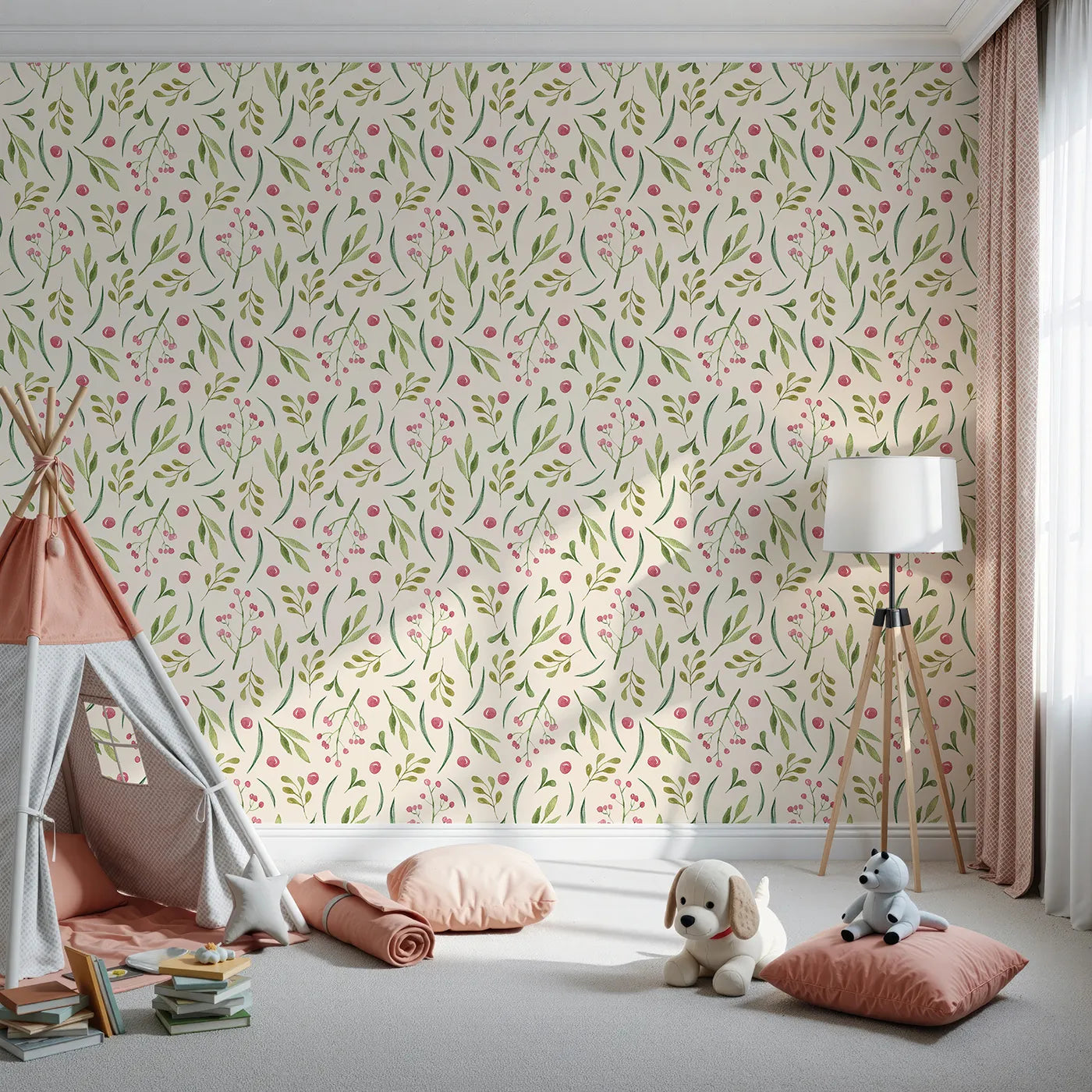 Front view of Whimsy Tots' Berry Leaf Doodle Wallpaper in Cream