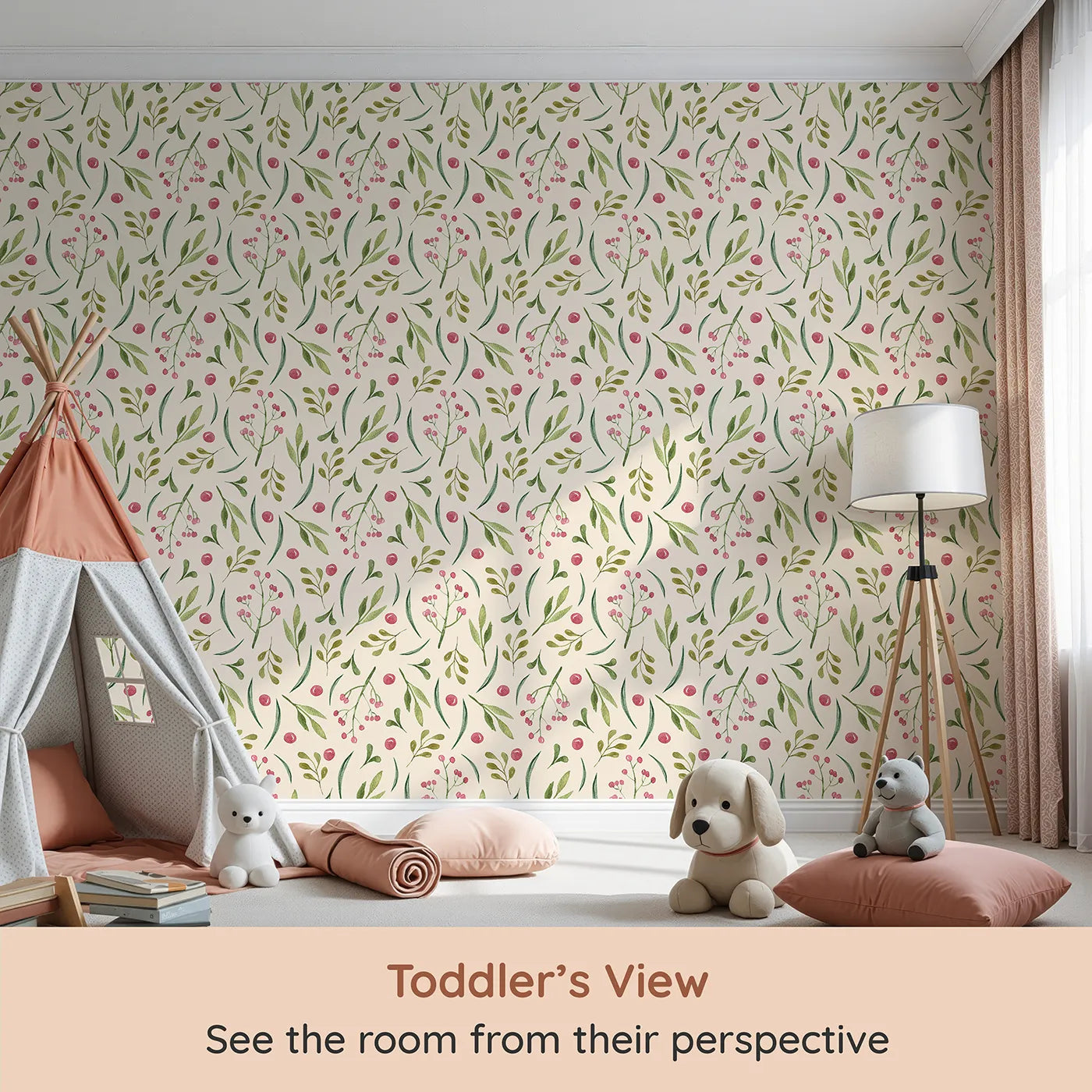 Whimsy Tots Berry Leaf Doodle Wallpaper in Cream (W3267C) from your child's view.Warm cream, rosy berries, and soft green leaves create cozy calm.