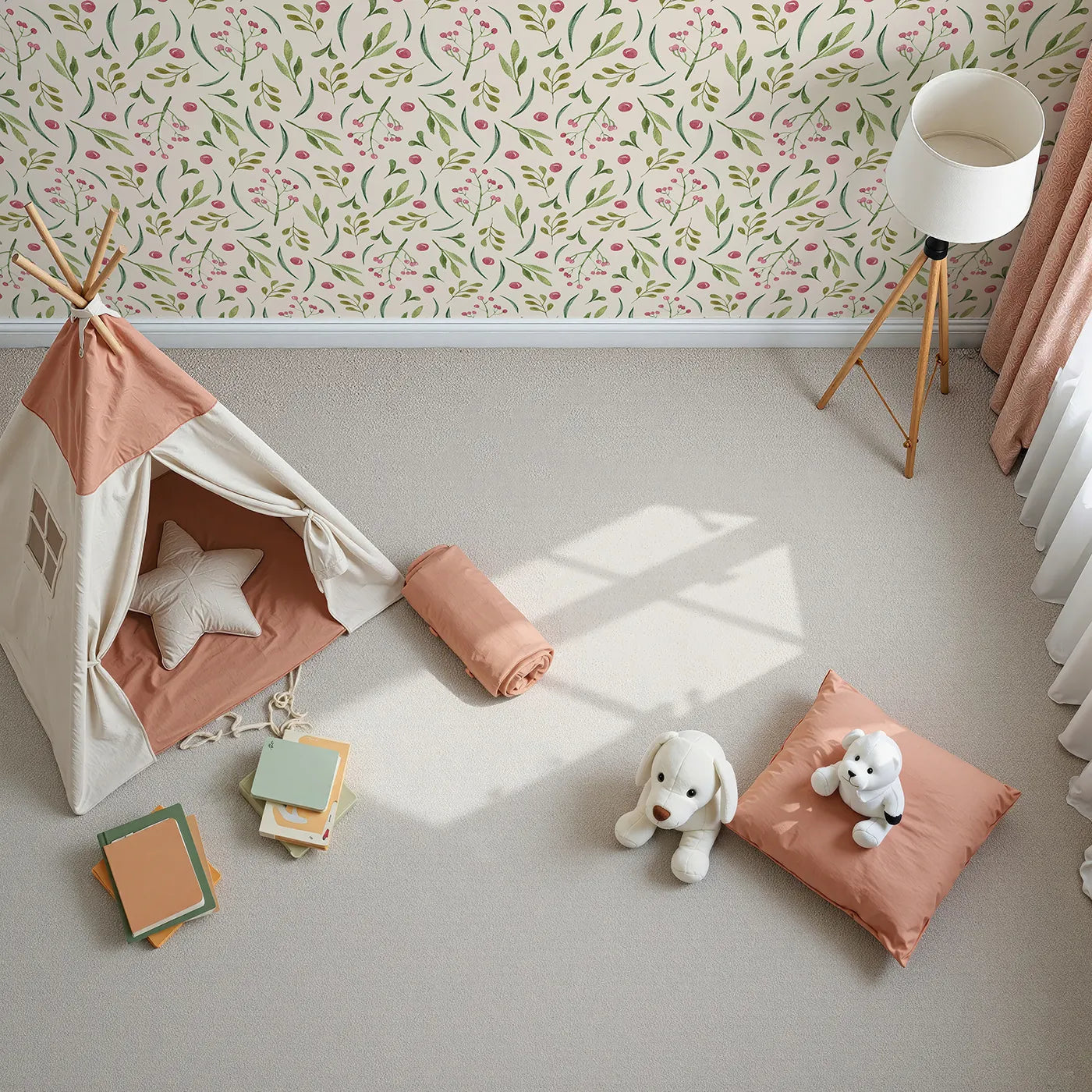 Top-Down view of Whimsy Tots' Berry Leaf Doodle Wallpaper in Cream (W3267C).Warm cream, rosy berries, and soft green leaves create cozy calm.