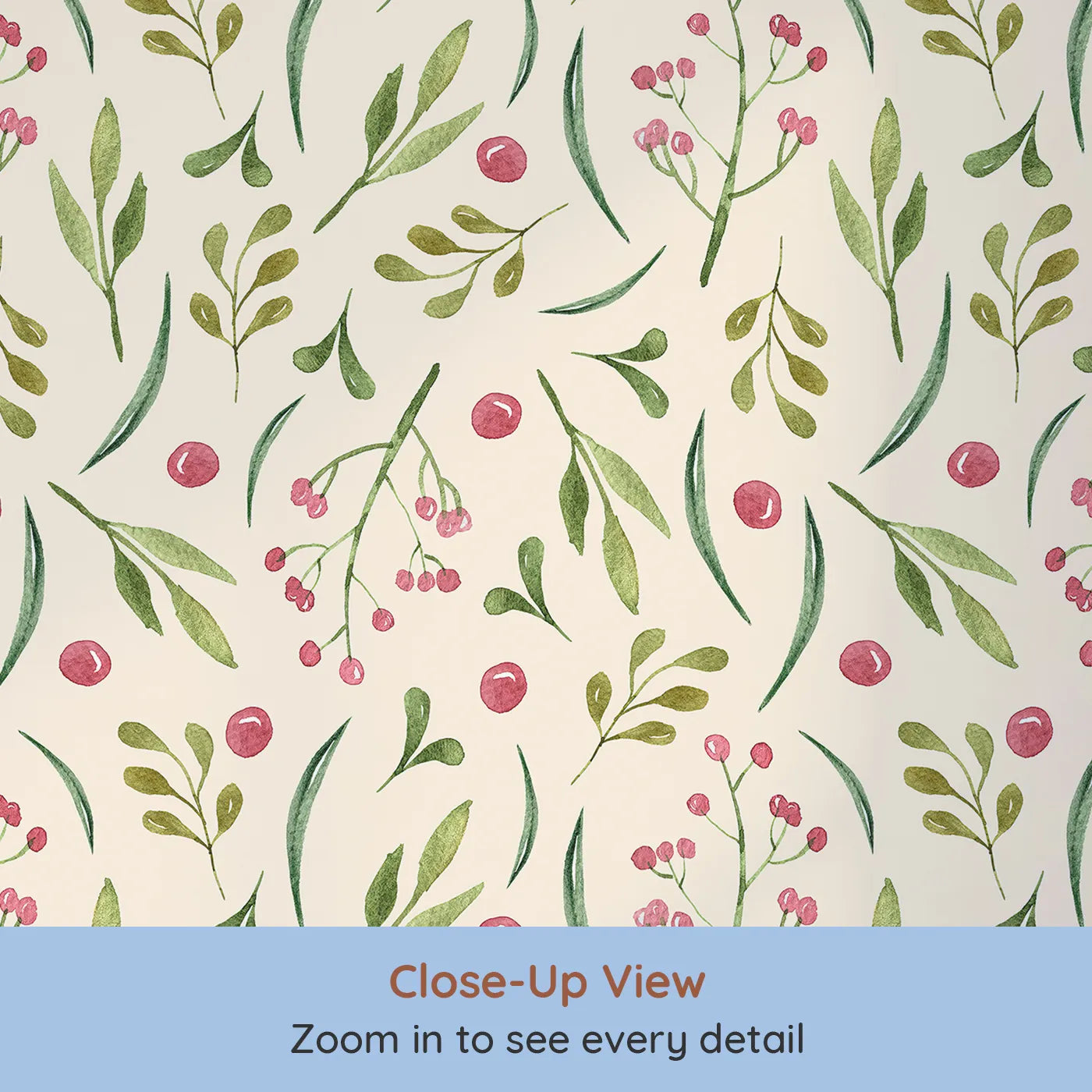 Close-up view of Whimsy Tots' Berry Leaf Doodle Wallpaper in Cream (W3267C).Warm cream, rosy berries, and soft green leaves create cozy calm.