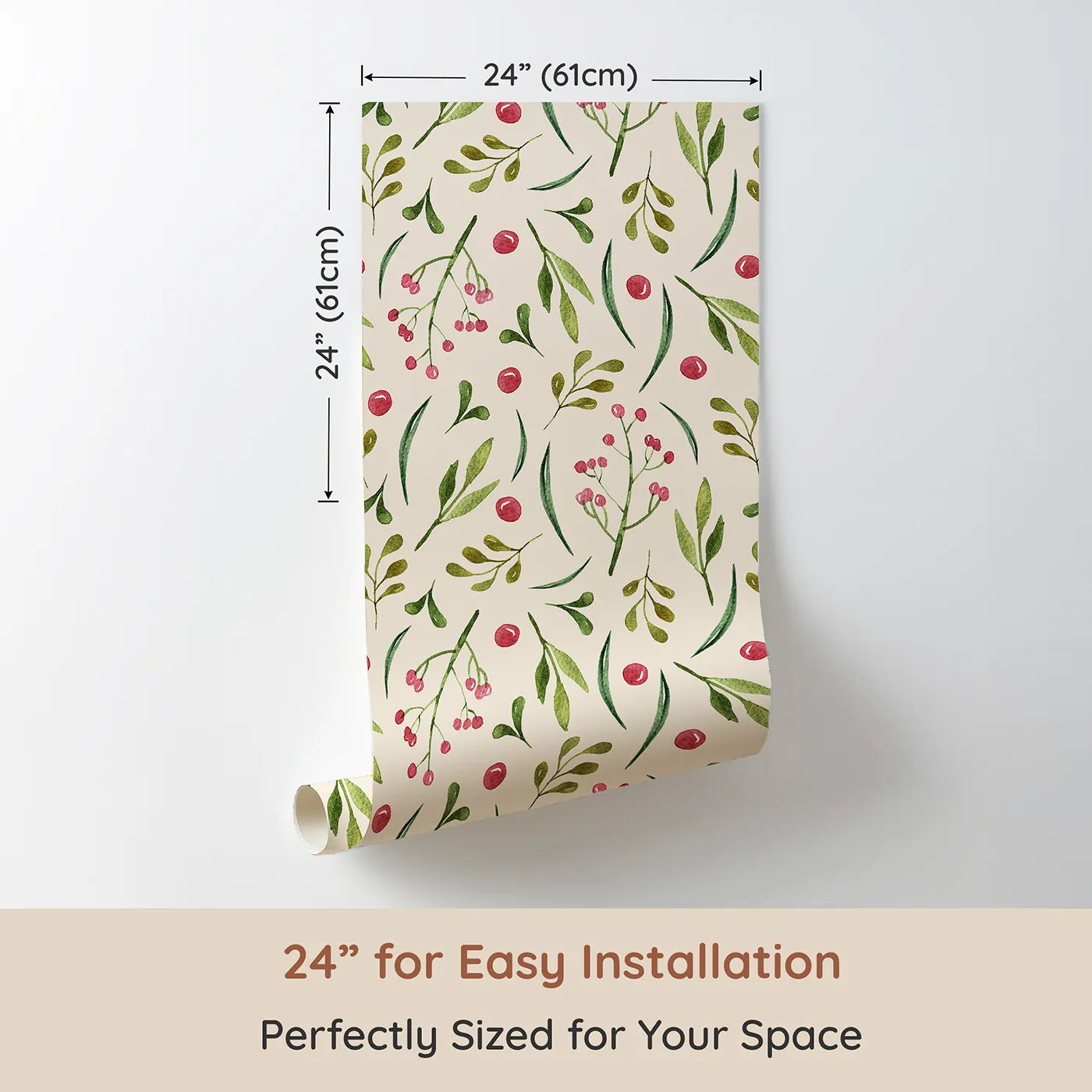 Dimension view of Whimsy Tots Berry Leaf Doodle Wallpaper in Cream (W3267C). Printed in 24-inch-wide panel for easy installation. Warm cream, rosy berries, and soft green leaves create cozy calm.