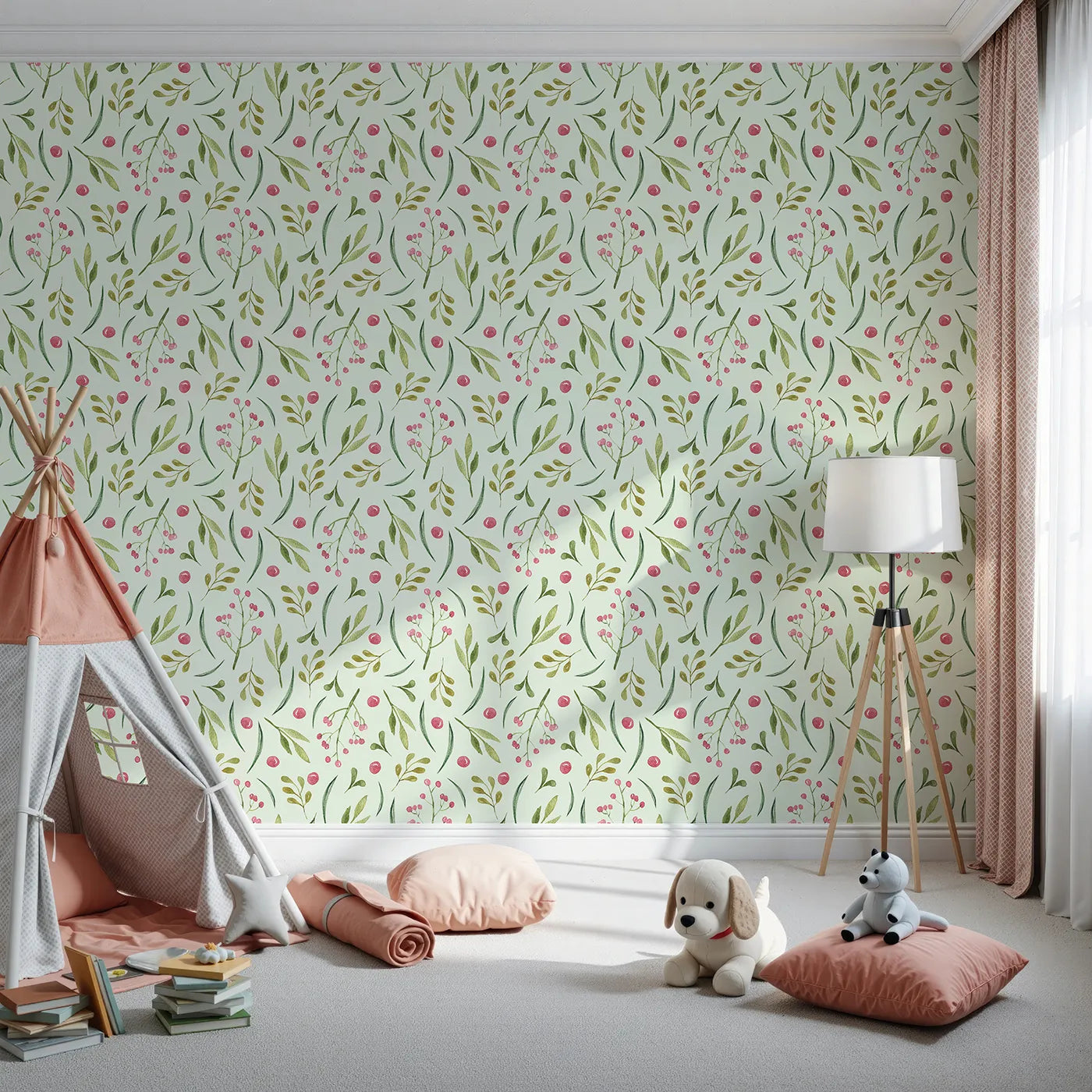 Front view of Whimsy Tots' Berry Leaf Doodle Wallpaper in Mint Green