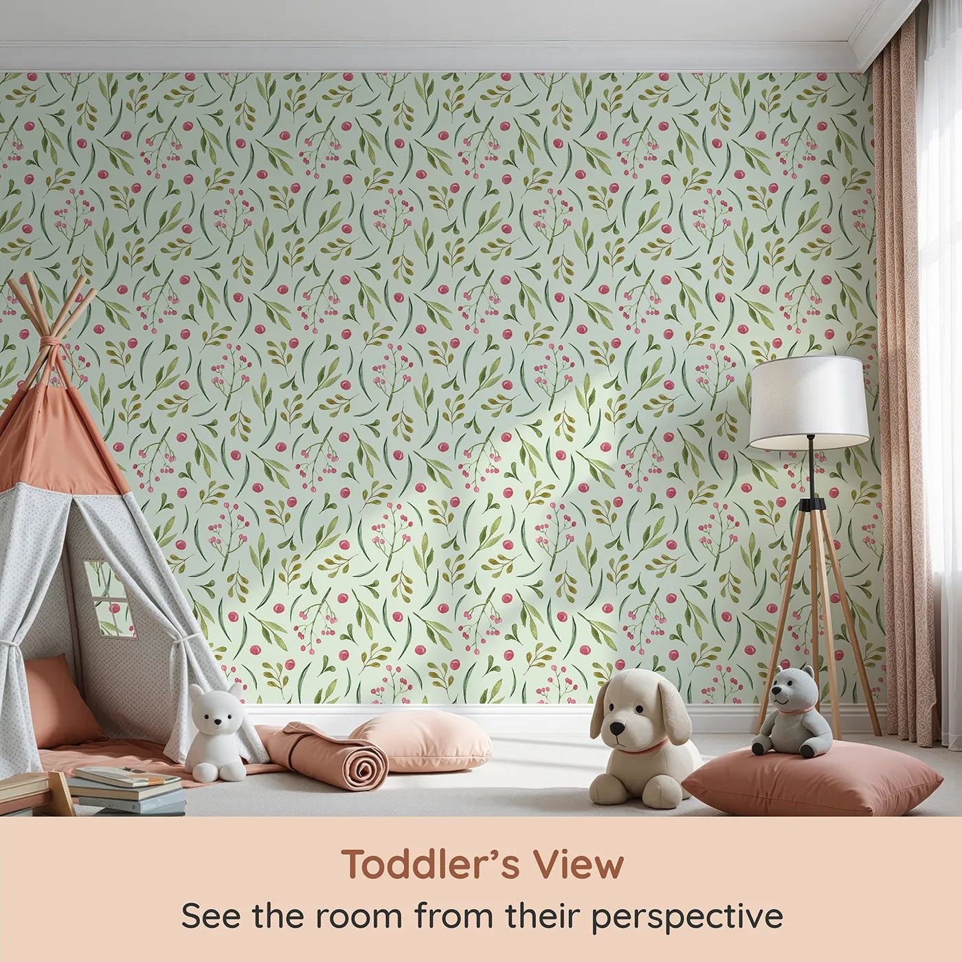 Whimsy Tots Berry Leaf Doodle Wallpaper in Mint Green (W3267D) from your child's view.Green sprigs and rosy berries dance on a minty garden breeze.
