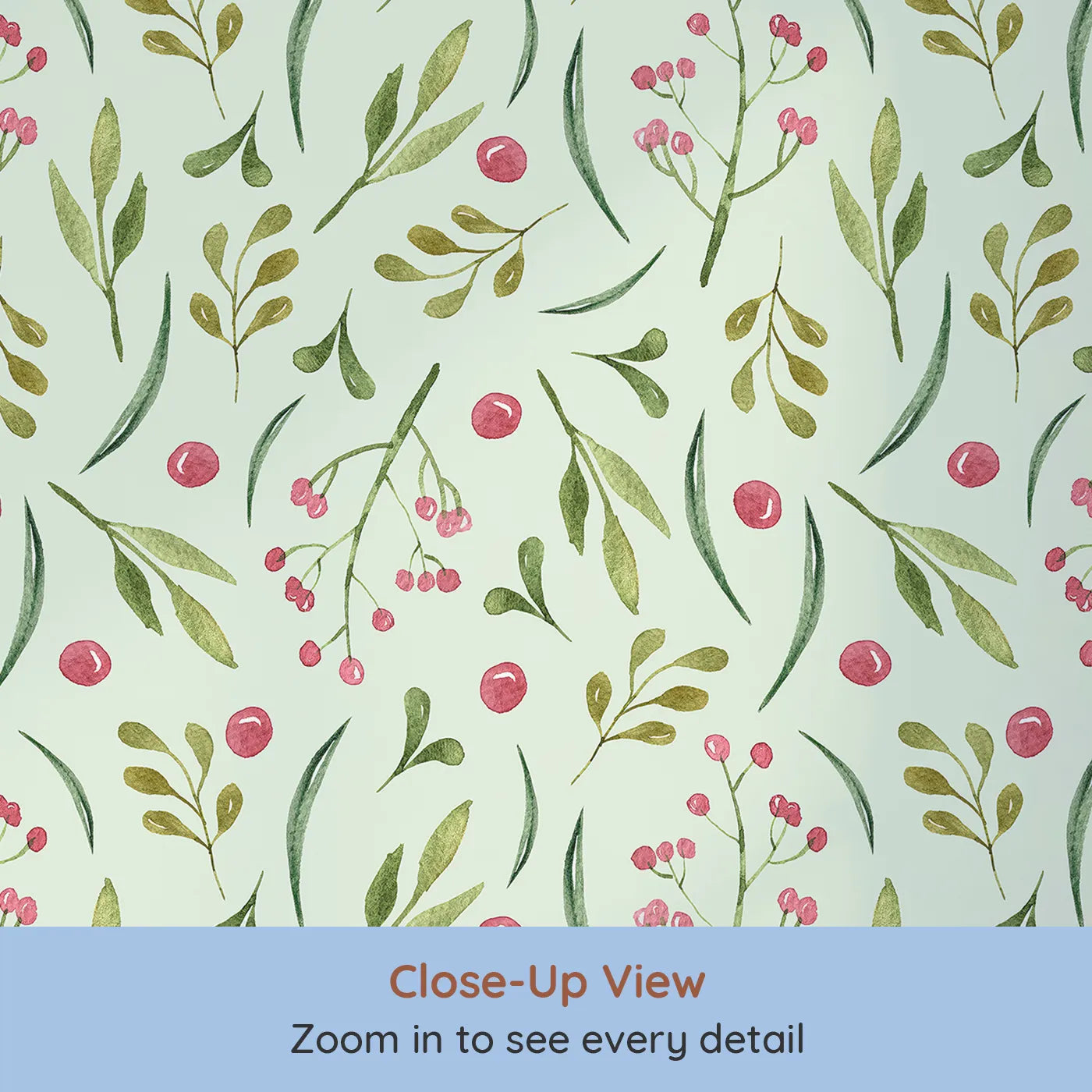 Close-up view of Whimsy Tots' Berry Leaf Doodle Wallpaper in Mint Green (W3267D).Green sprigs and rosy berries dance on a minty garden breeze.