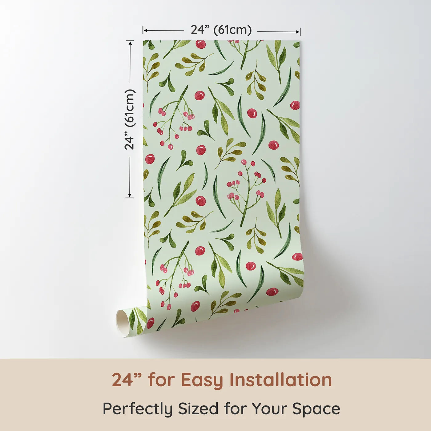 Dimension view of Whimsy Tots Berry Leaf Doodle Wallpaper in Mint Green (W3267D). Printed in 24-inch-wide panel for easy installation. Green sprigs and rosy berries dance on a minty garden breeze.