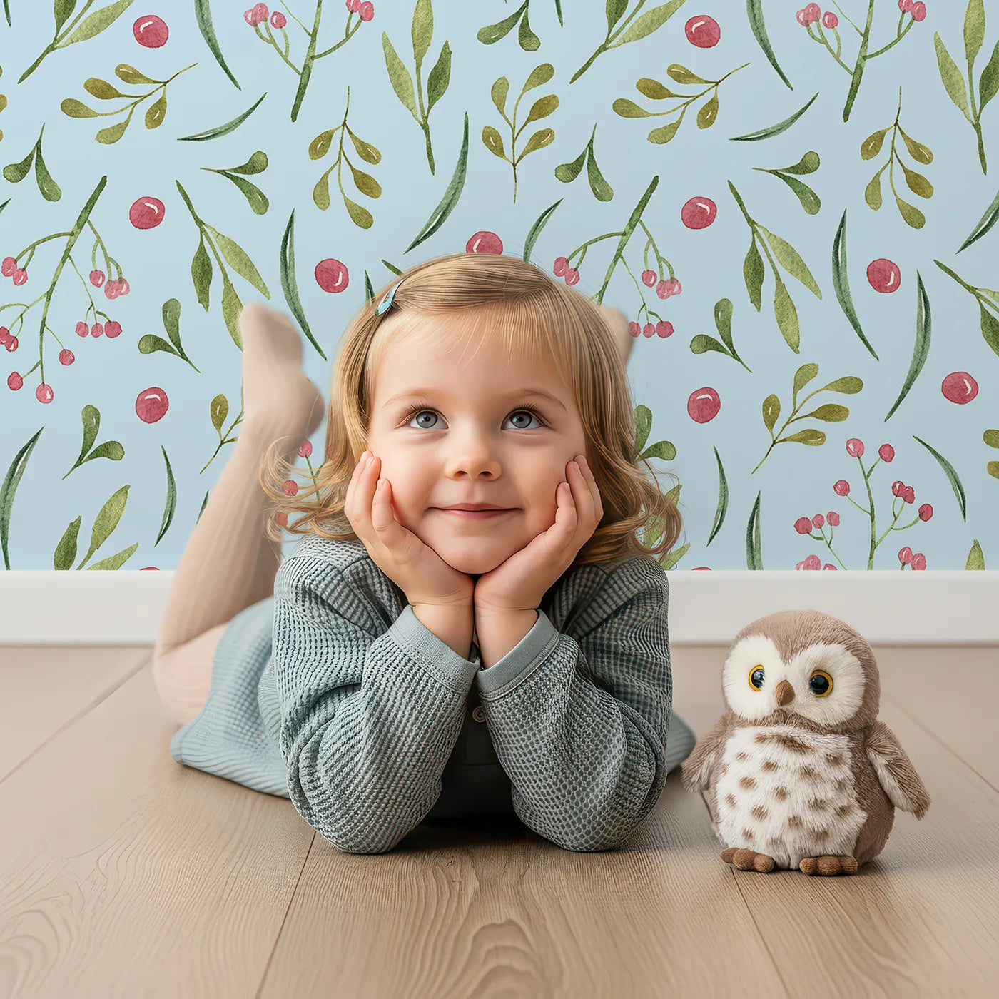 Lovely child standing in front of Whimsy Tots Berry Leaf Doodle Wallpaper in Sky with berry, leaf, branch, dot in design.