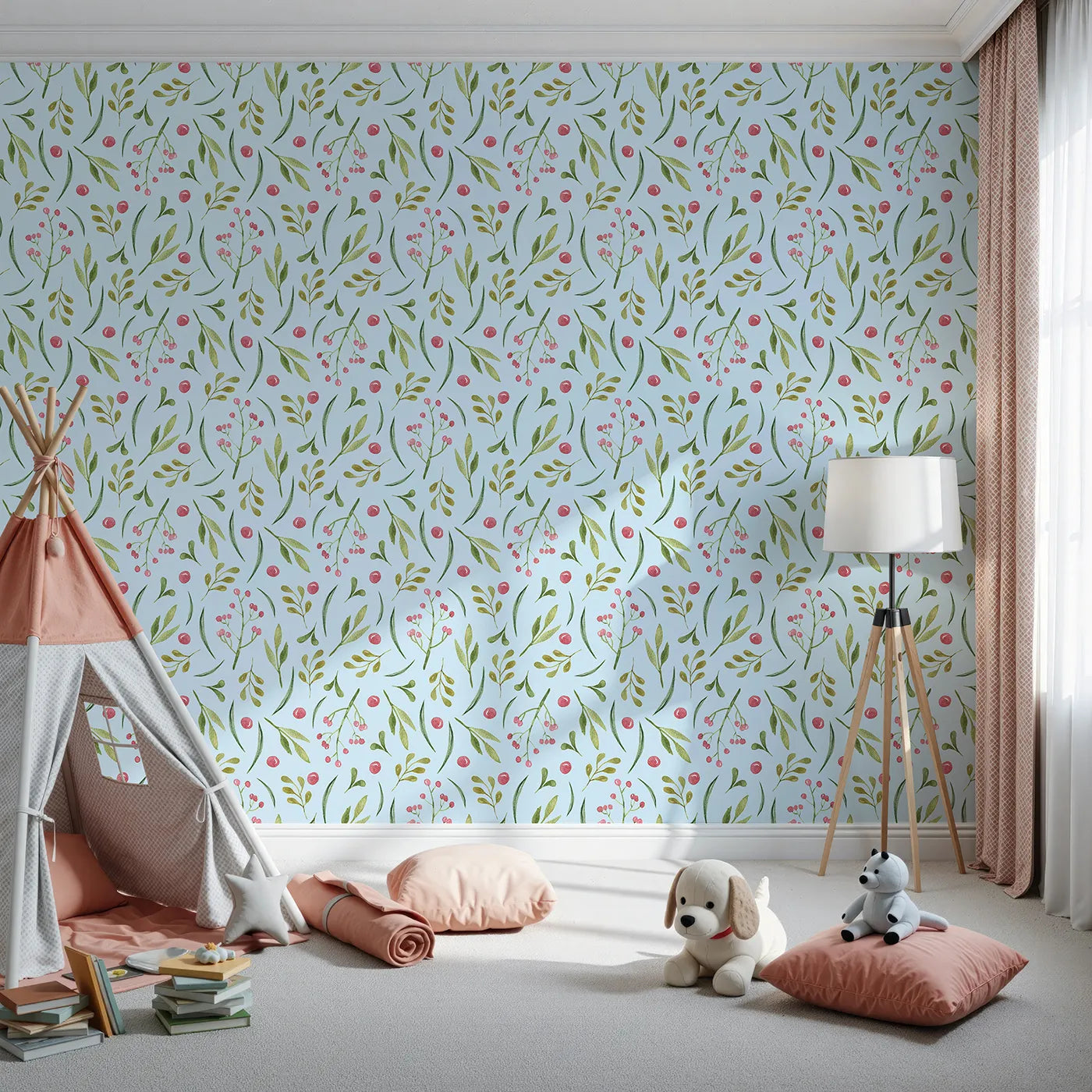 Front view of Whimsy Tots' Berry Leaf Doodle Wallpaper in Sky