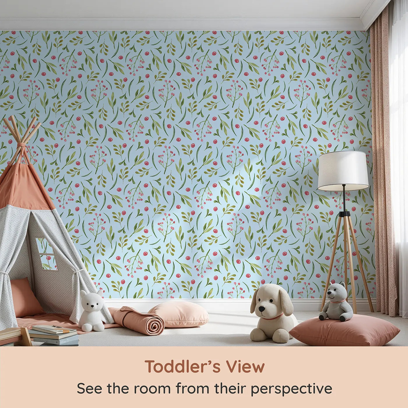 Whimsy Tots Berry Leaf Doodle Wallpaper in Sky (W3267E) from your child's view.Rosy berries and green leaves float on a soft sky breeze.