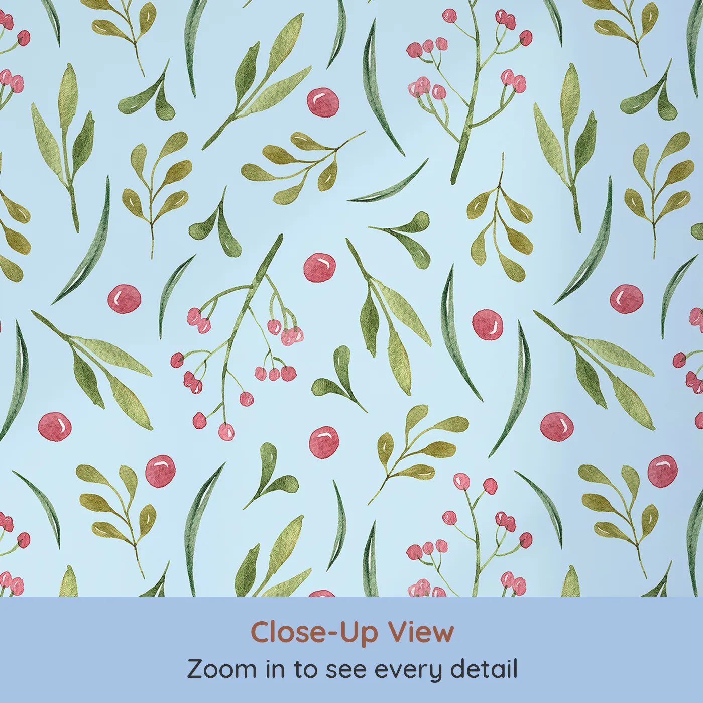 Close-up view of Whimsy Tots' Berry Leaf Doodle Wallpaper in Sky (W3267E).Rosy berries and green leaves float on a soft sky breeze.