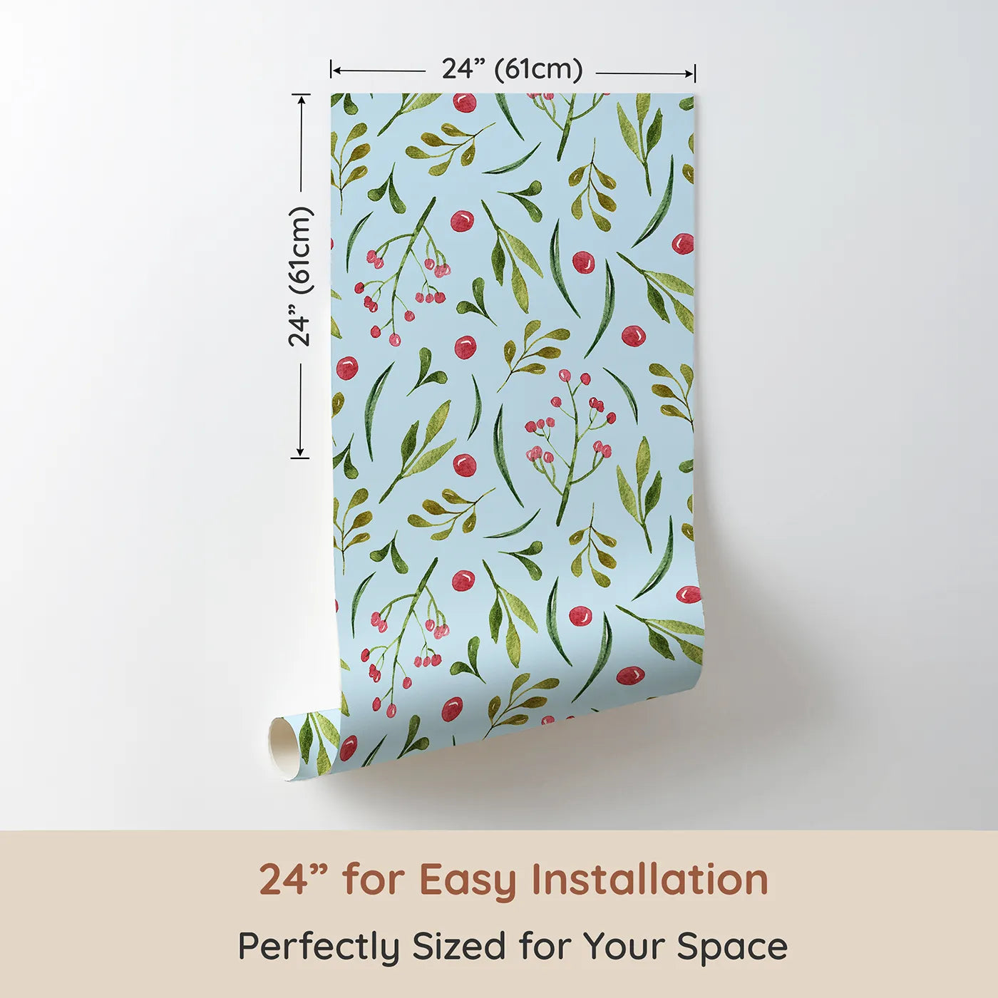 Dimension view of Whimsy Tots Berry Leaf Doodle Wallpaper in Sky (W3267E). Printed in 24-inch-wide panel for easy installation. Rosy berries and green leaves float on a soft sky breeze.