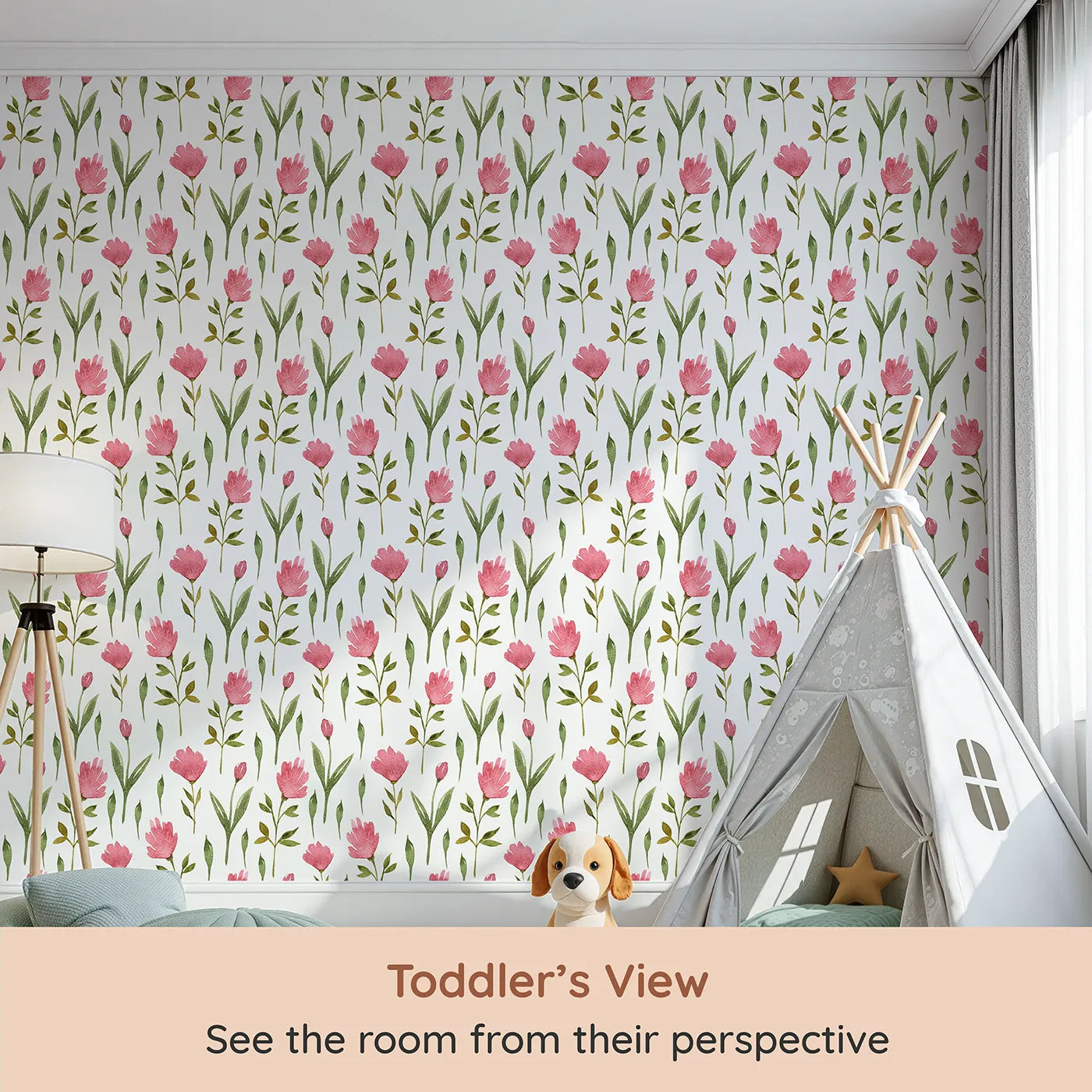 Whimsy Tots Tulip Meadow Blooms Wallpaper in White (W3268A) from your child's view.Pink tulips and leafy stems bloom like a gentle spring day.