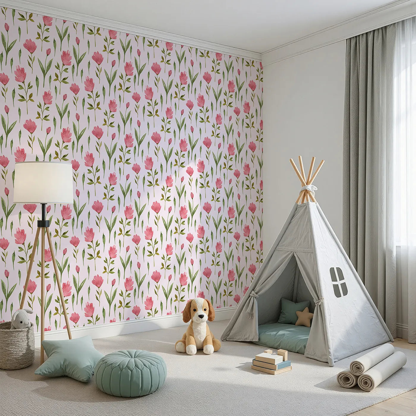 Angled view of Whimsy Tots' Tulip Meadow Blooms Wallpaper in Blush Pink (W3268B).Rosy tulips and leafy stems bloom on a dreamy blush breeze.