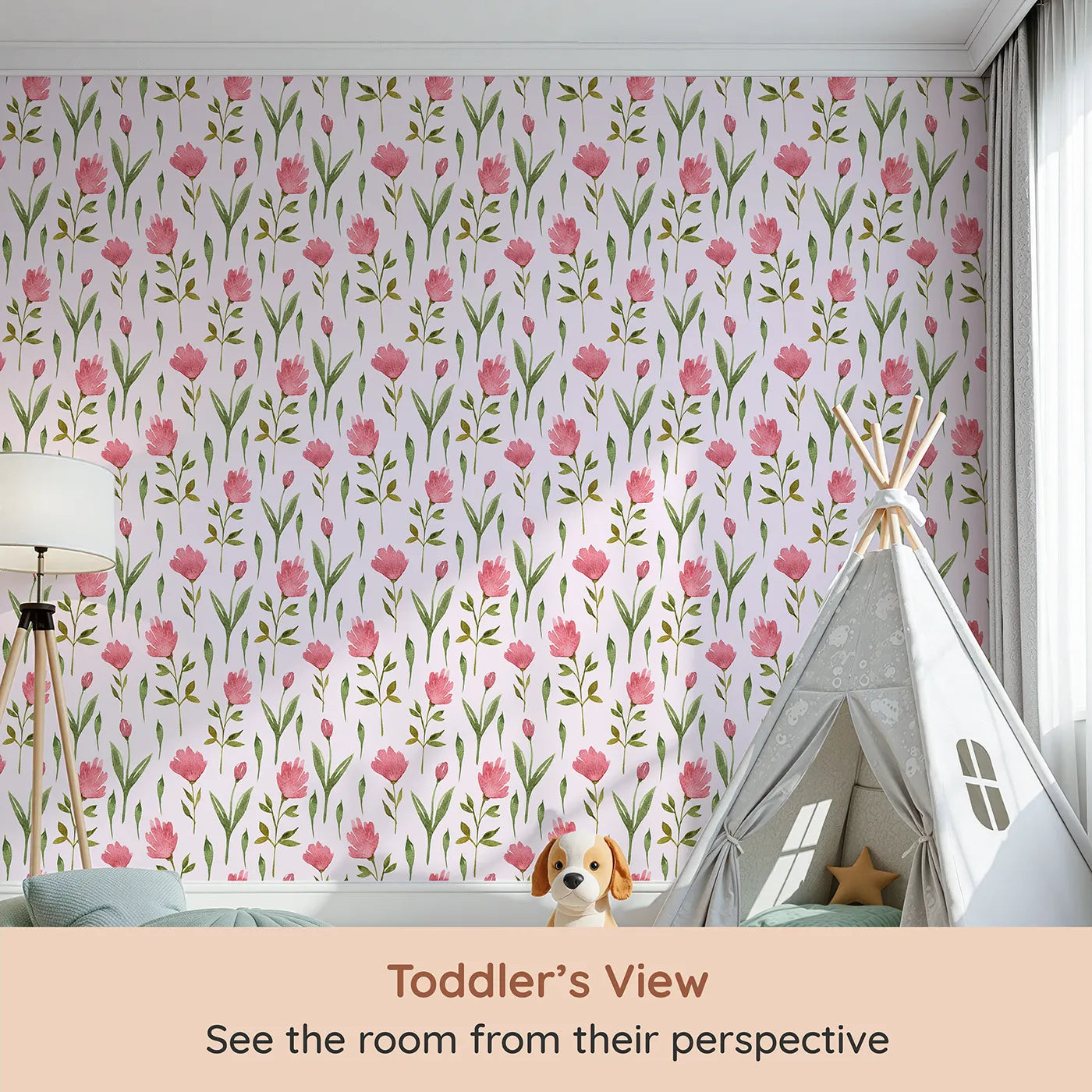 Whimsy Tots Tulip Meadow Blooms Wallpaper in Blush Pink (W3268B) from your child's view.Rosy tulips and leafy stems bloom on a dreamy blush breeze.