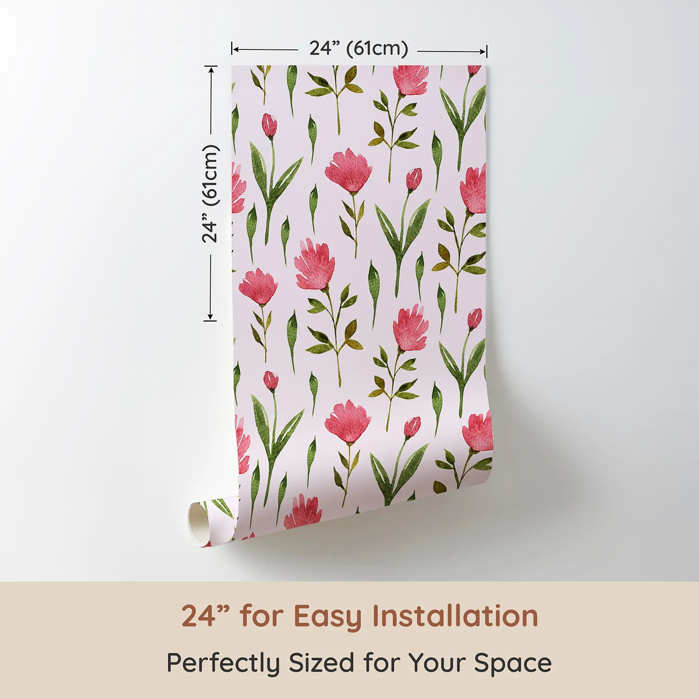 Dimension view of Whimsy Tots Tulip Meadow Blooms Wallpaper in Blush Pink (W3268B). Printed in 24-inch-wide panel for easy installation. Rosy tulips and leafy stems bloom on a dreamy blush breeze.