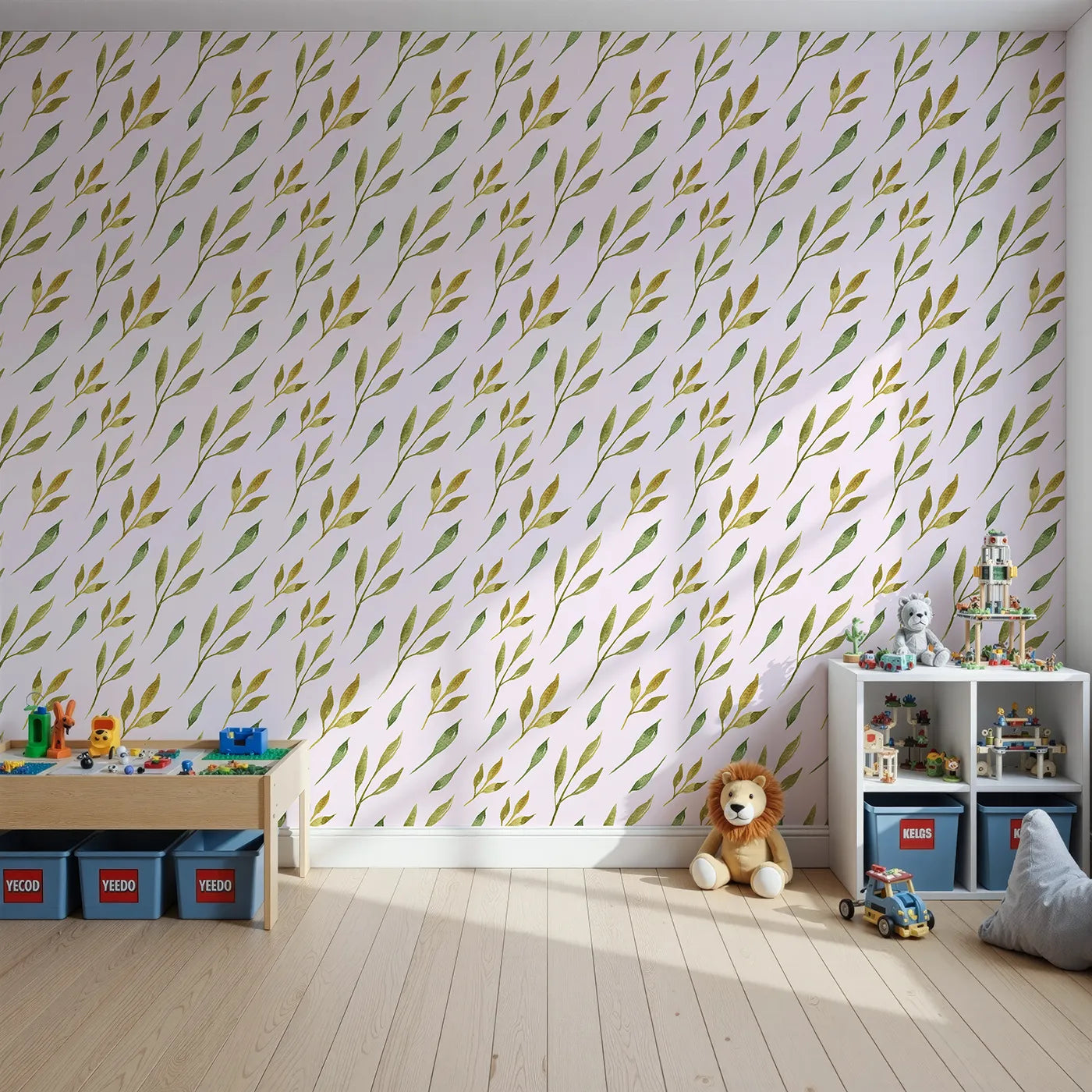 Front view of Whimsy Tots' Wandering Willow Sprigs Wallpaper in Blush Pink