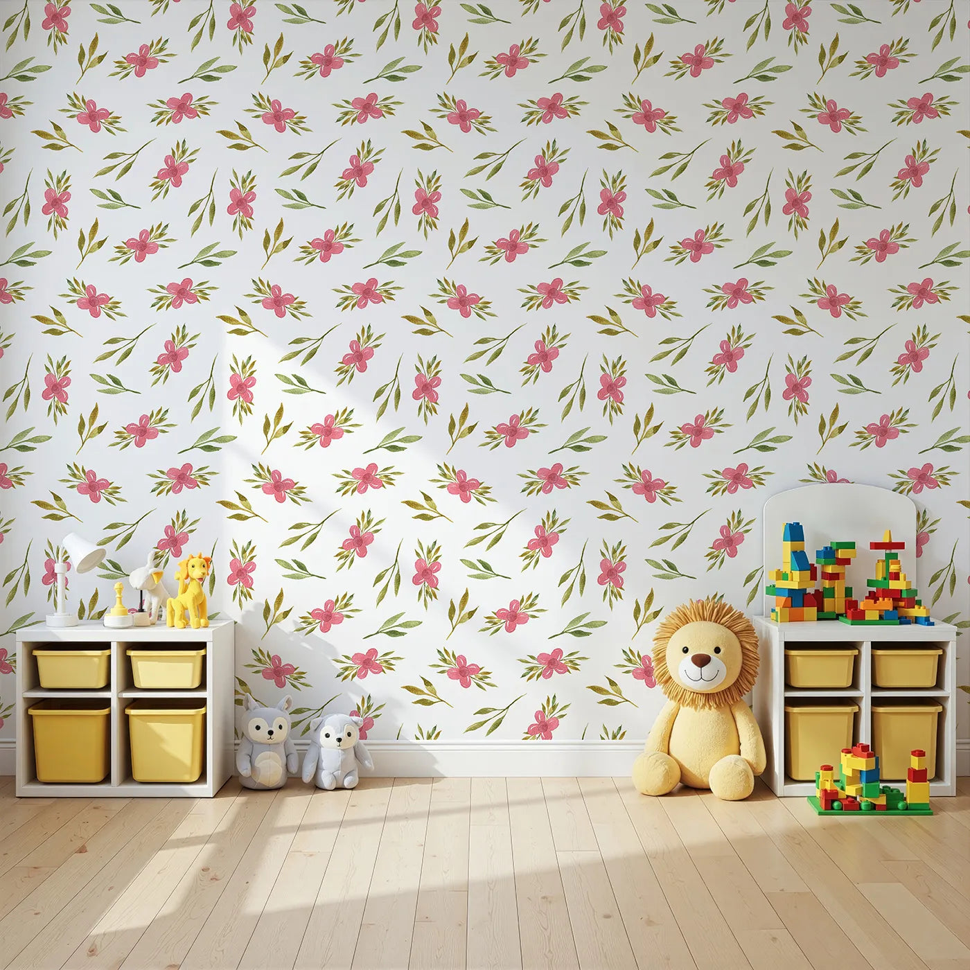 Angled view of Whimsy Tots' Whimsy Bloom Sprays Wallpaper in White (W3270A).Cheerful pink florals bloom alongside leafy sprays and sunny stems.