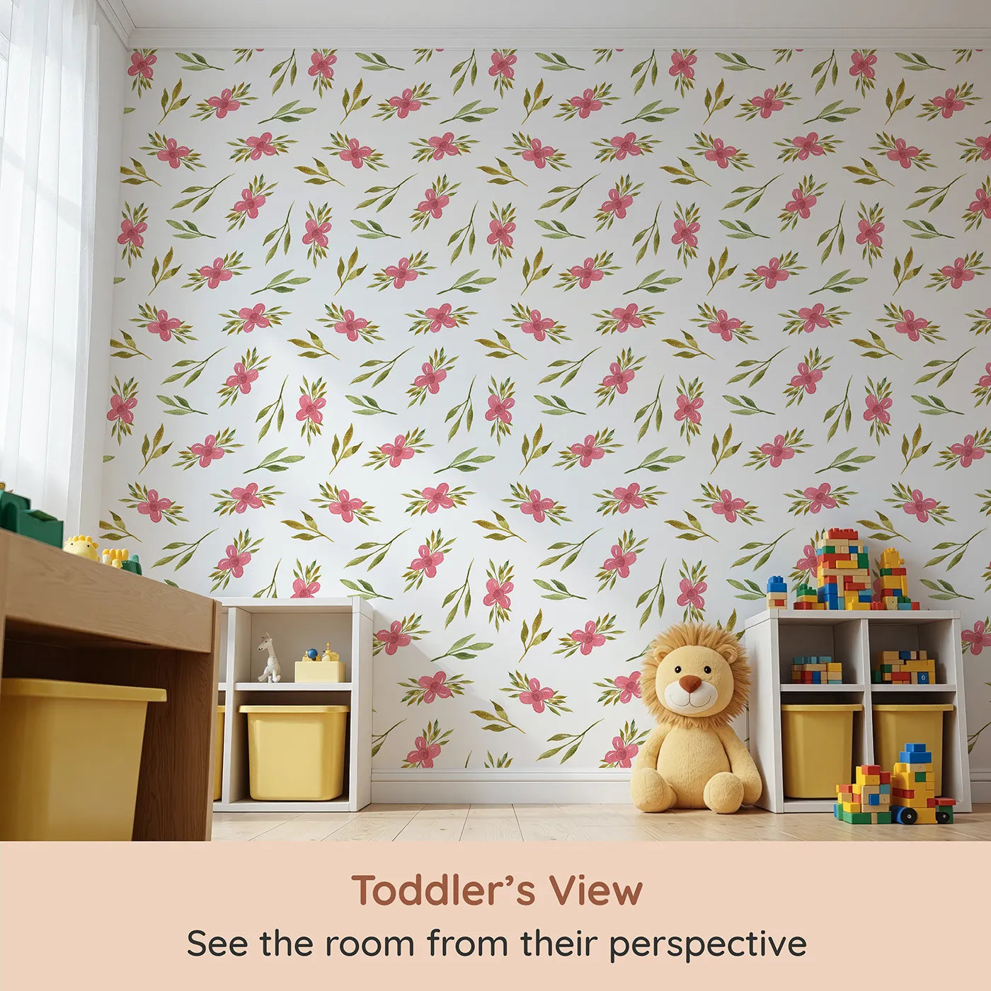 Whimsy Tots Whimsy Bloom Sprays Wallpaper in White (W3270A) from your child's view.Cheerful pink florals bloom alongside leafy sprays and sunny stems.