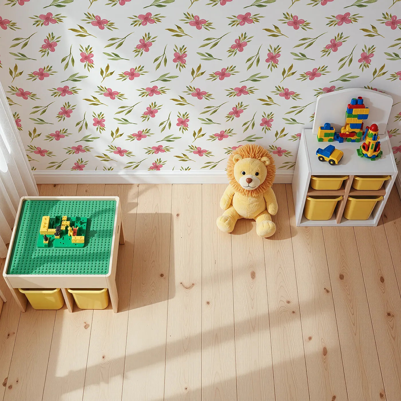 Top-Down view of Whimsy Tots' Whimsy Bloom Sprays Wallpaper in White (W3270A).Cheerful pink florals bloom alongside leafy sprays and sunny stems.