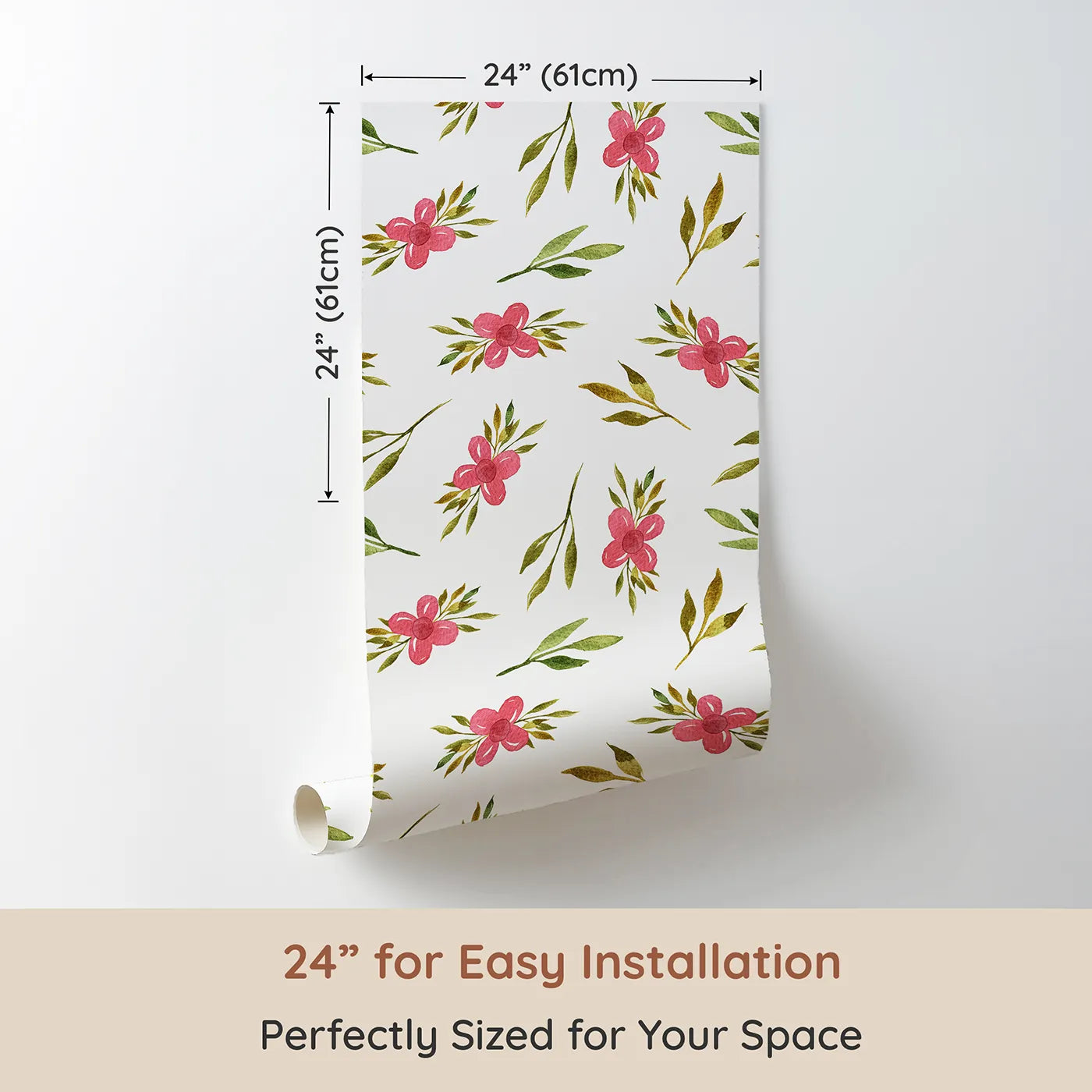 Dimension view of Whimsy Tots Whimsy Bloom Sprays Wallpaper in White (W3270A). Printed in 24-inch-wide panel for easy installation. Cheerful pink florals bloom alongside leafy sprays and sunny stems.