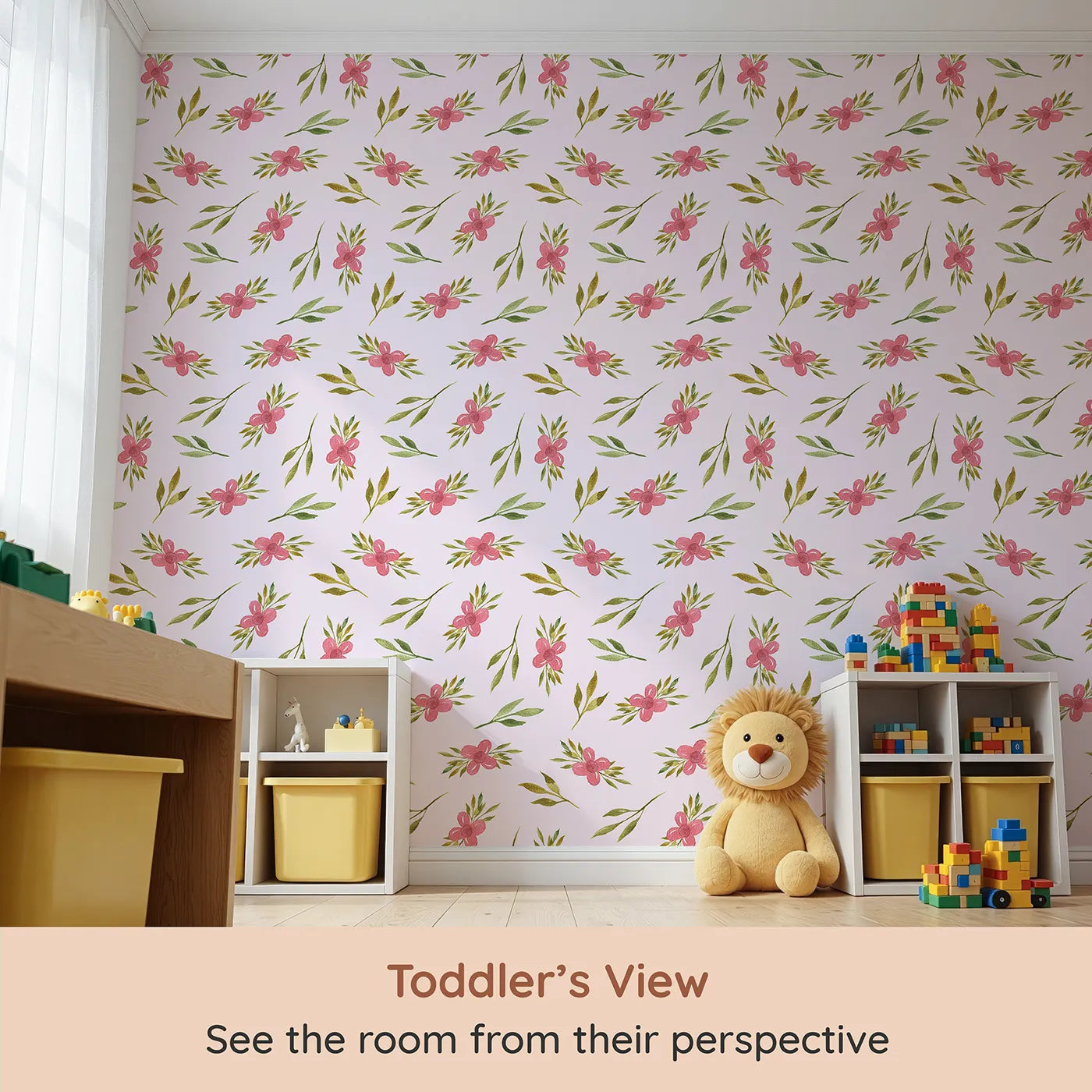 Whimsy Tots Whimsy Bloom Sprays Wallpaper in Blush Pink (W3270B) from your child's view.Soft blush sets the stage for pink florals and leafy sprays to dance.