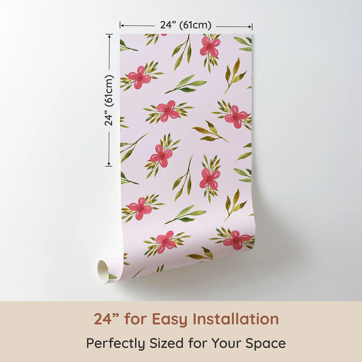 Dimension view of Whimsy Tots Whimsy Bloom Sprays Wallpaper in Blush Pink (W3270B). Printed in 24-inch-wide panel for easy installation. Soft blush sets the stage for pink florals and leafy sprays to dance.