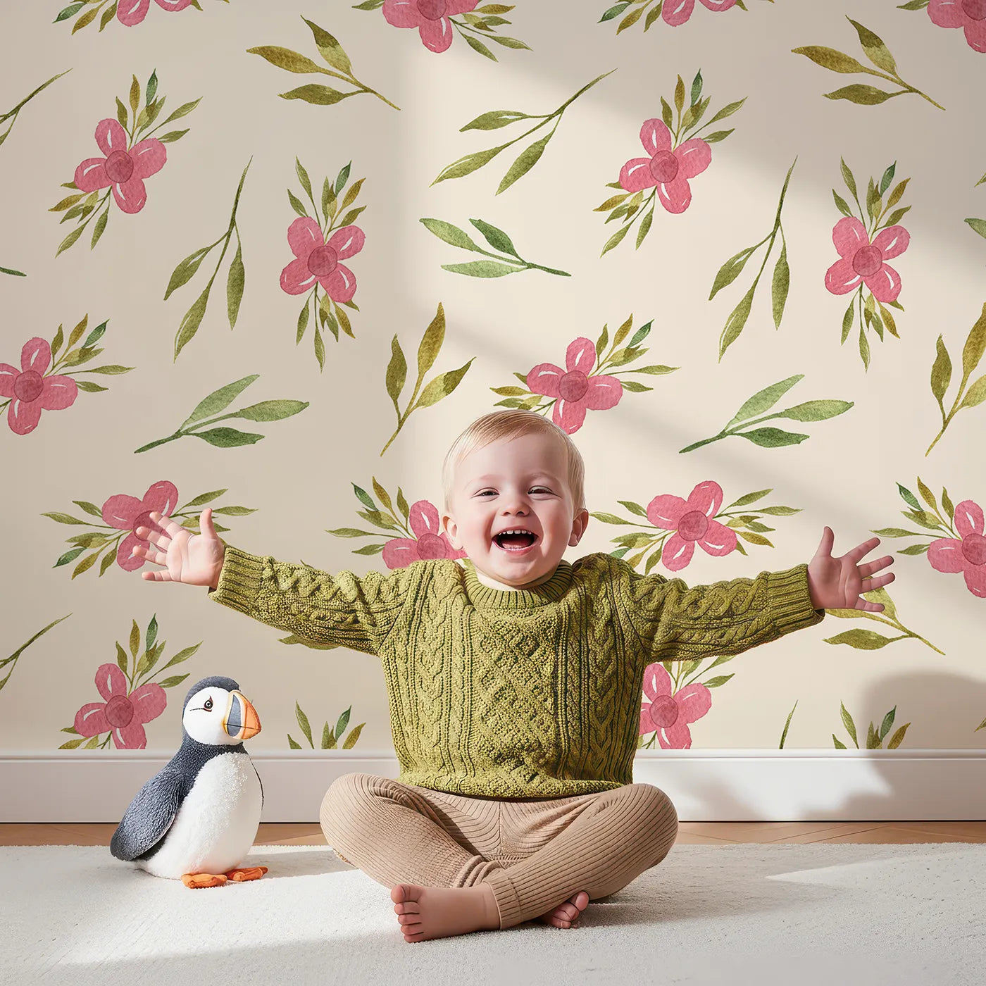 Lovely child standing in front of Whimsy Tots Whimsy Bloom Sprays Wallpaper in Cream with flower, leaf, bloom, spray in design.