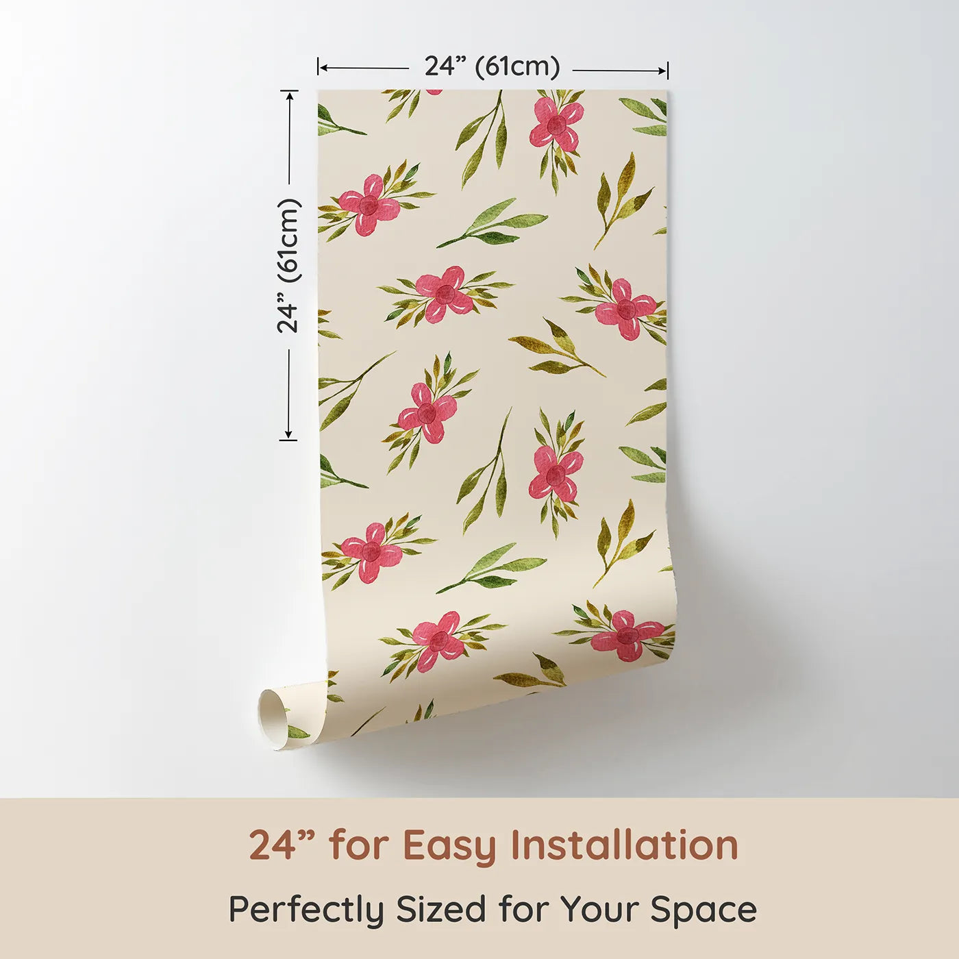 Dimension view of Whimsy Tots Whimsy Bloom Sprays Wallpaper in Cream (W3270C). Printed in 24-inch-wide panel for easy installation. Warm cream cradles playful florals in soft, sunny cheer.