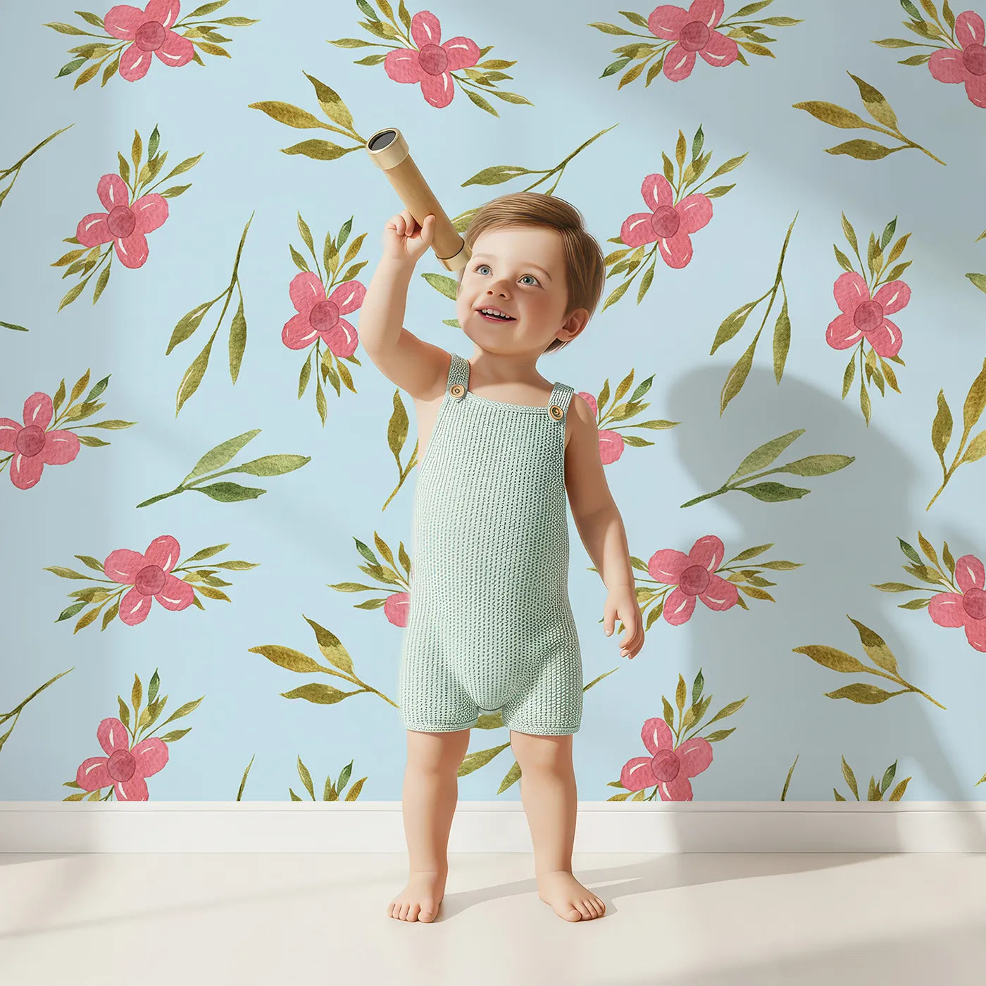 Lovely child standing in front of Whimsy Tots Whimsy Bloom Sprays Wallpaper in Sky Blue with flower, leaf, bloom, spray in design.