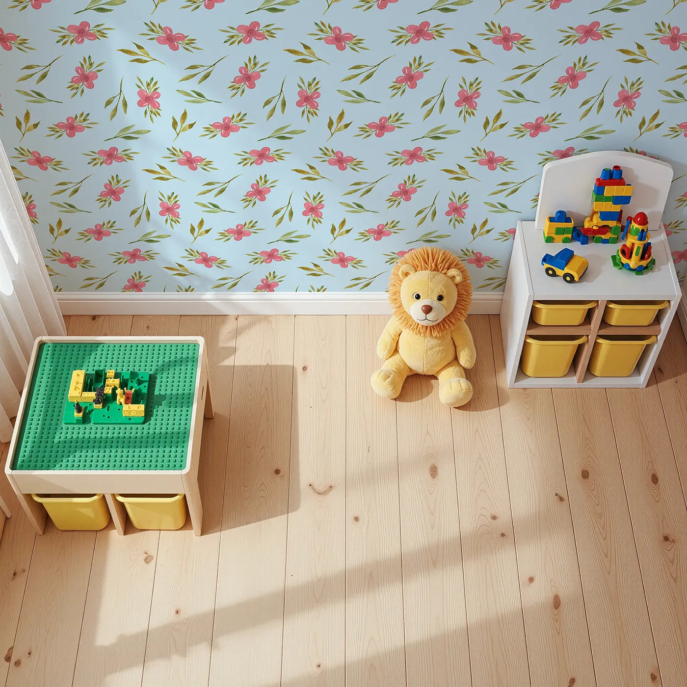 Top-Down view of Whimsy Tots' Whimsy Bloom Sprays Wallpaper in Sky Blue (W3270E).Pink florals drift across a breezy sky-blue dream.