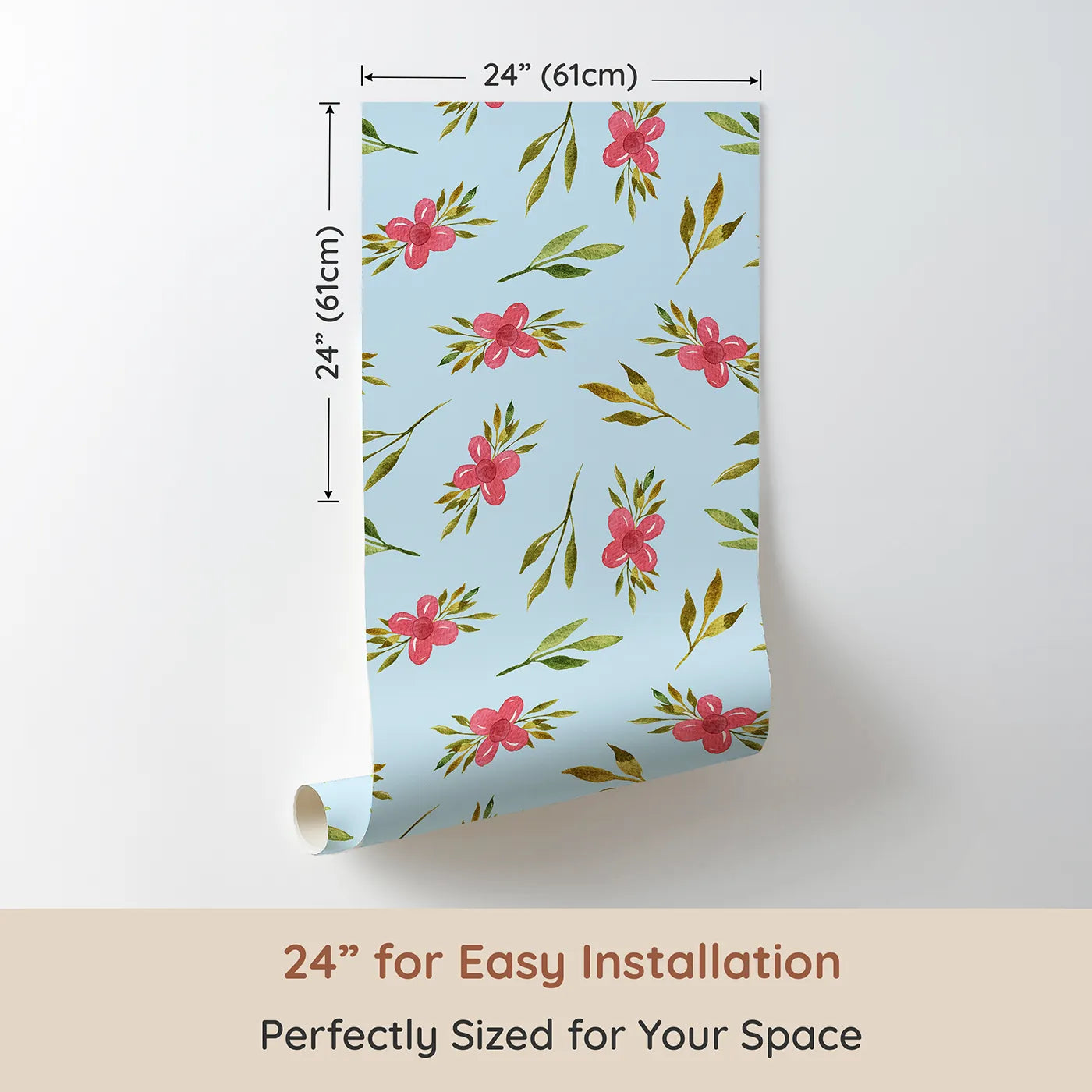 Dimension view of Whimsy Tots Whimsy Bloom Sprays Wallpaper in Sky Blue (W3270E). Printed in 24-inch-wide panel for easy installation. Pink florals drift across a breezy sky-blue dream.