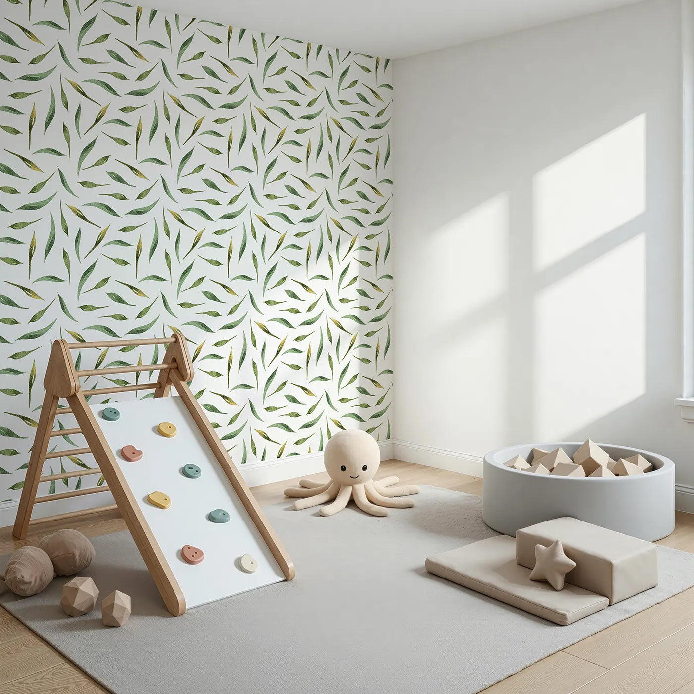 Angled view of Whimsy Tots' Whimsy Leaf Scatter Wallpaper in White (W3271A).Soft green leaves drift gently across a clean, airy sky.