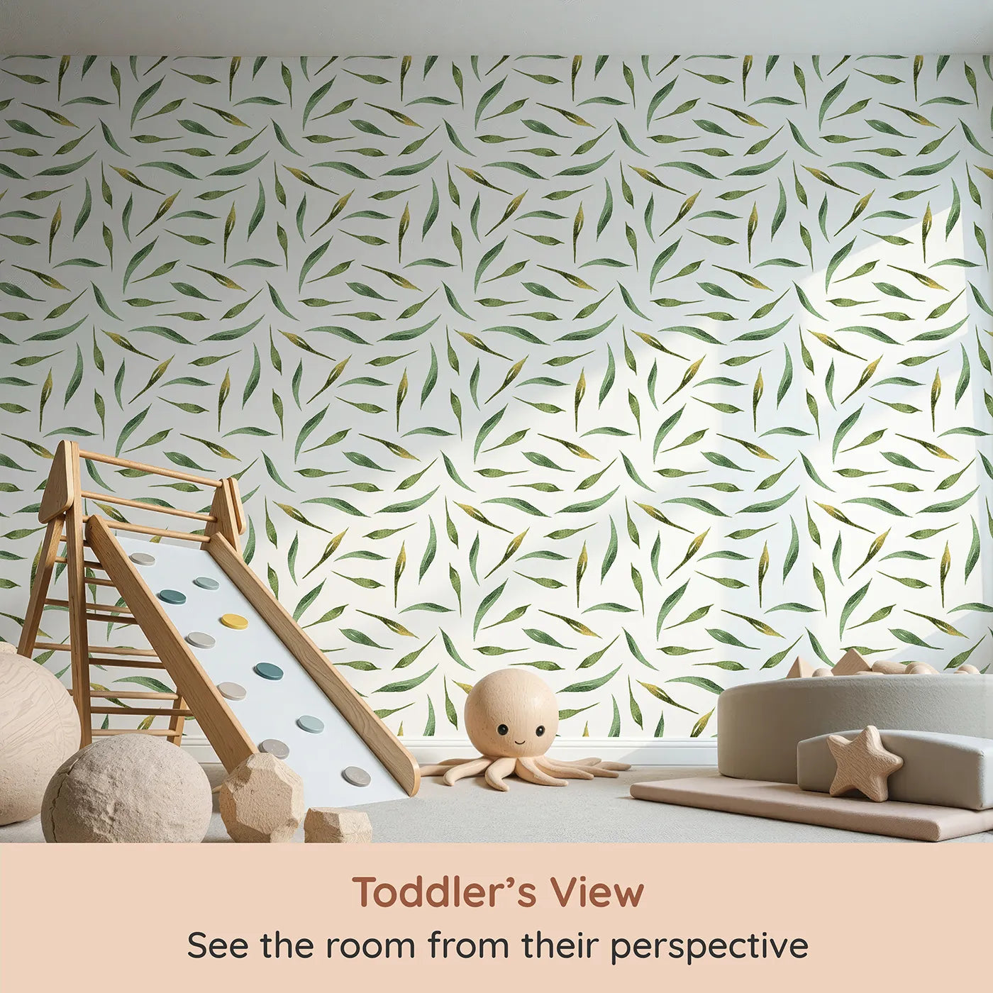 Whimsy Tots Whimsy Leaf Scatter Wallpaper in White (W3271A) from your child's view.Soft green leaves drift gently across a clean, airy sky.