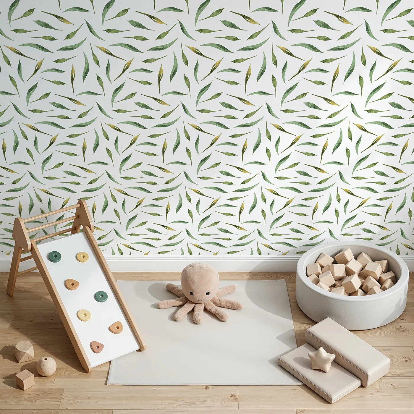 Top-Down view of Whimsy Tots' Whimsy Leaf Scatter Wallpaper in White (W3271A).Soft green leaves drift gently across a clean, airy sky.