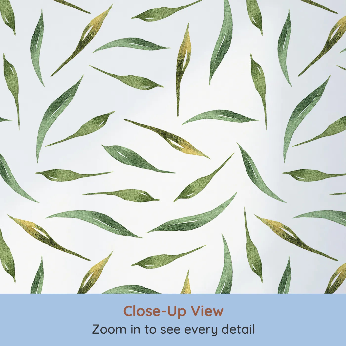 Close-up view of Whimsy Tots' Whimsy Leaf Scatter Wallpaper in White (W3271A).Soft green leaves drift gently across a clean, airy sky.
