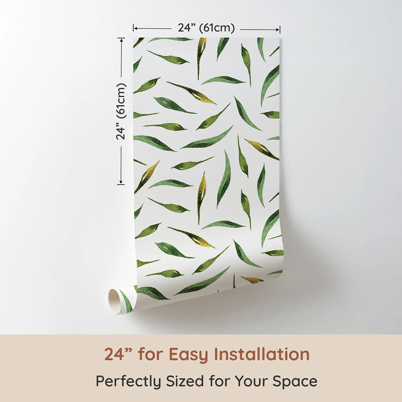 Dimension view of Whimsy Tots Whimsy Leaf Scatter Wallpaper in White (W3271A). Printed in 24-inch-wide panel for easy installation. Soft green leaves drift gently across a clean, airy sky.