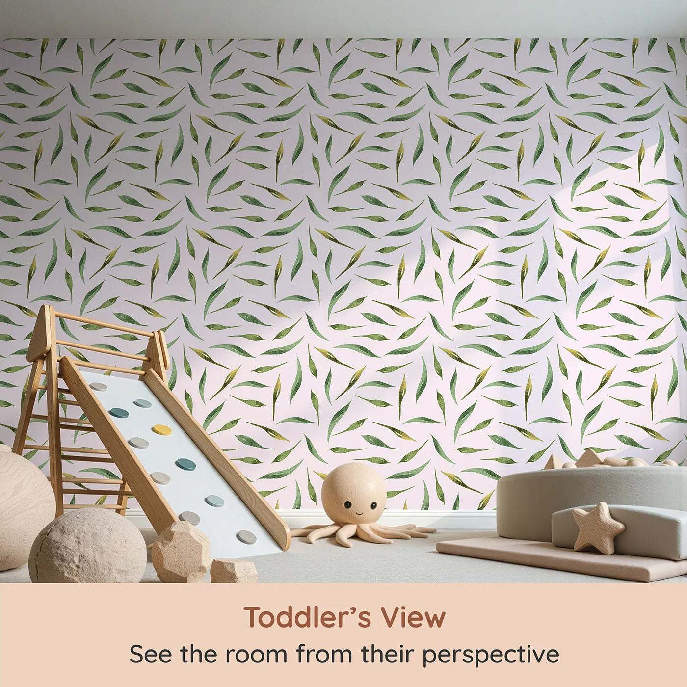 Whimsy Tots Whimsy Leaf Scatter Wallpaper in Blush Pink (W3271B) from your child's view.Leafy sprays dance lightly across a soft blush breeze.