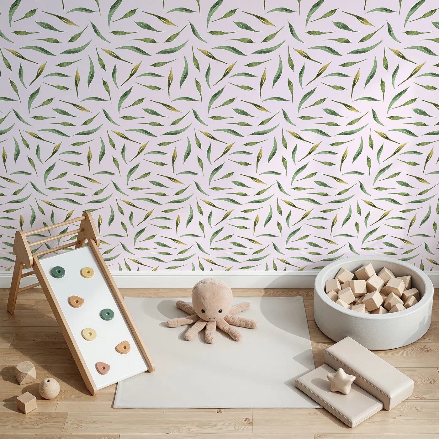 Top-Down view of Whimsy Tots' Whimsy Leaf Scatter Wallpaper in Blush Pink (W3271B).Leafy sprays dance lightly across a soft blush breeze.