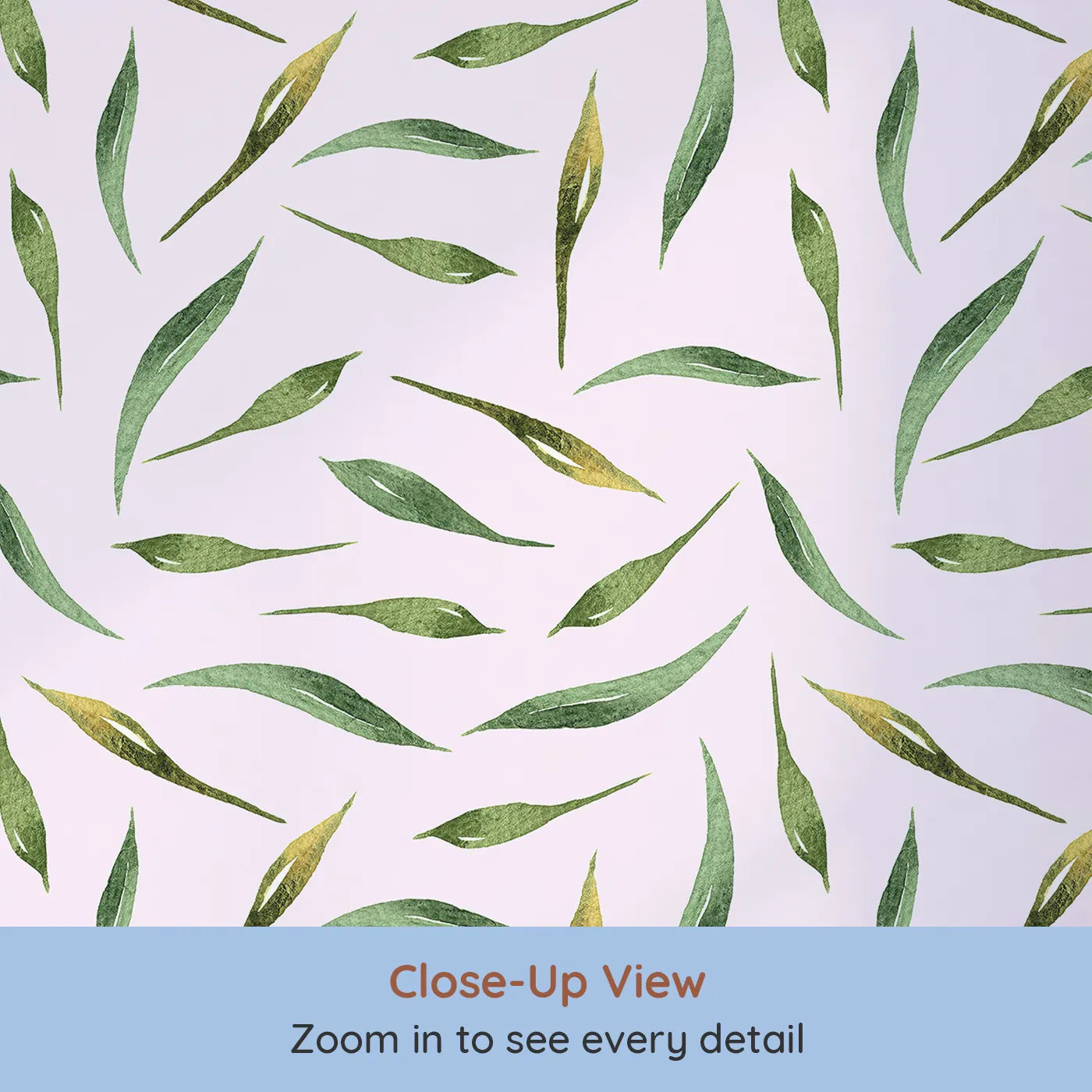 Close-up view of Whimsy Tots' Whimsy Leaf Scatter Wallpaper in Blush Pink (W3271B).Leafy sprays dance lightly across a soft blush breeze.