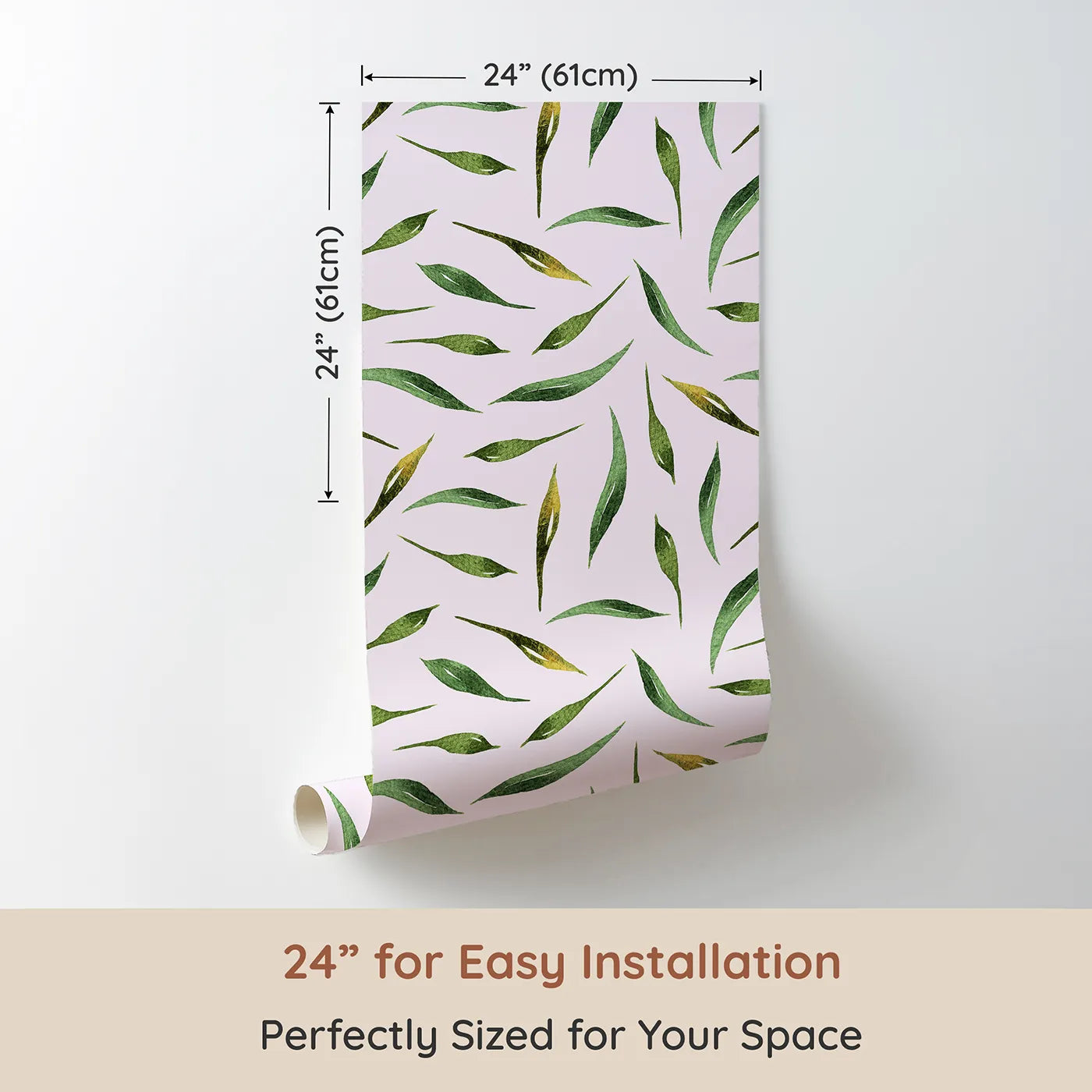 Dimension view of Whimsy Tots Whimsy Leaf Scatter Wallpaper in Blush Pink (W3271B). Printed in 24-inch-wide panel for easy installation. Leafy sprays dance lightly across a soft blush breeze.