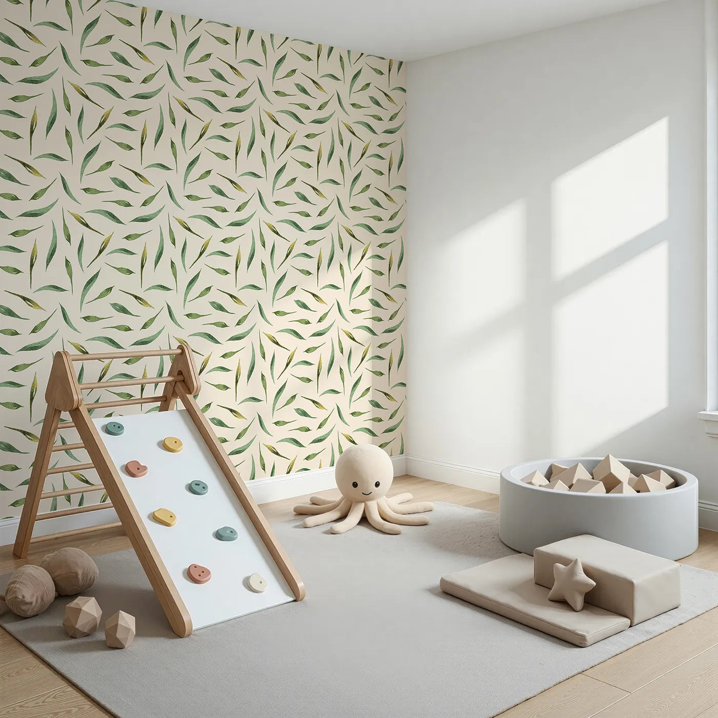 Angled view of Whimsy Tots' Whimsy Leaf Scatter Wallpaper in Cream (W3271C).Delicate leaves drift peacefully across a warm cream sky.