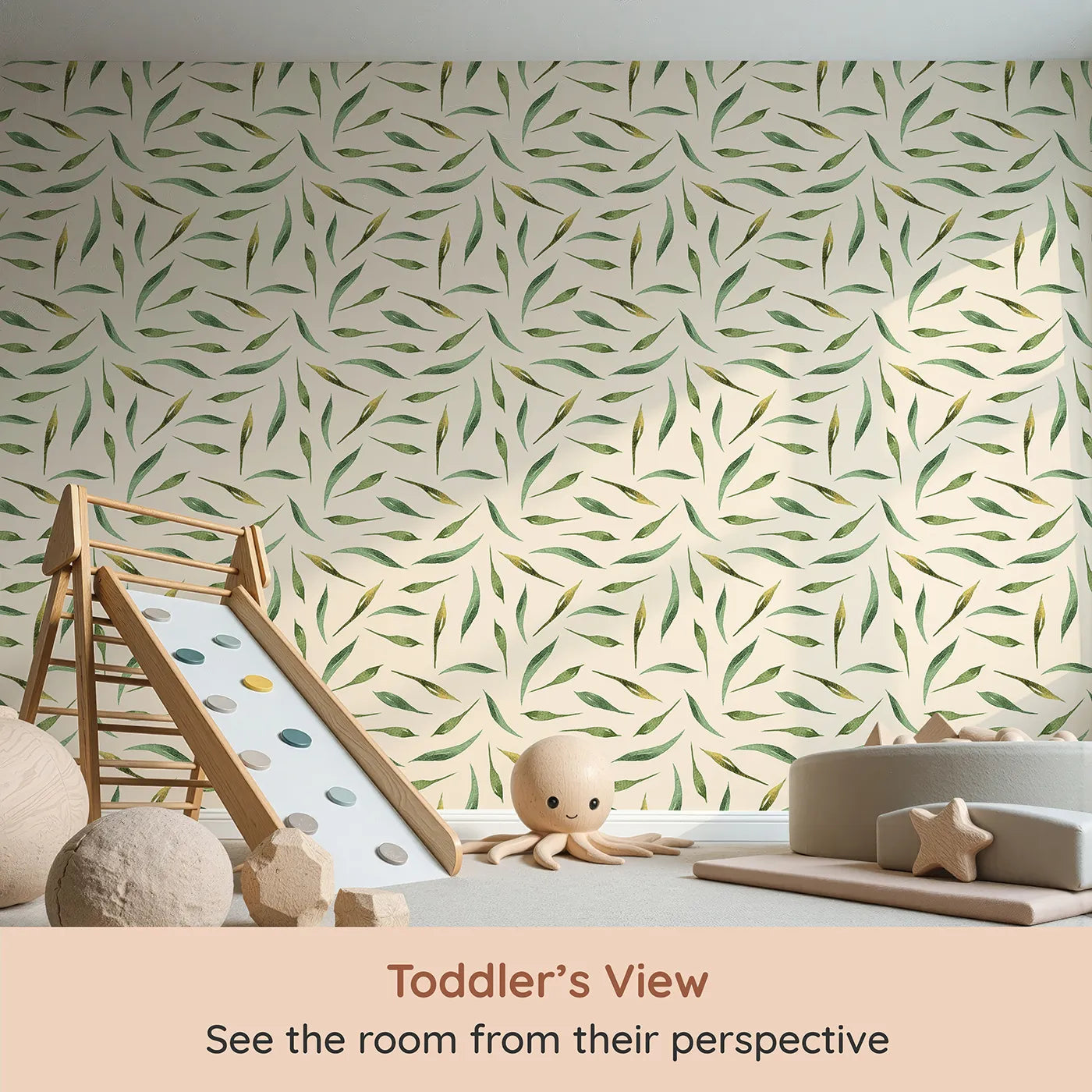 Whimsy Tots Whimsy Leaf Scatter Wallpaper in Cream (W3271C) from your child's view.Delicate leaves drift peacefully across a warm cream sky.