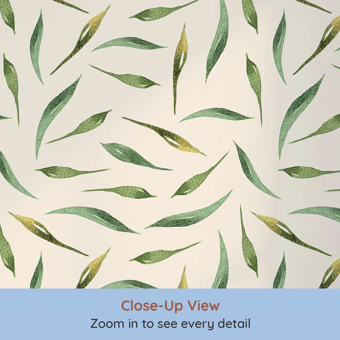 Close-up view of Whimsy Tots' Whimsy Leaf Scatter Wallpaper in Cream (W3271C).Delicate leaves drift peacefully across a warm cream sky.