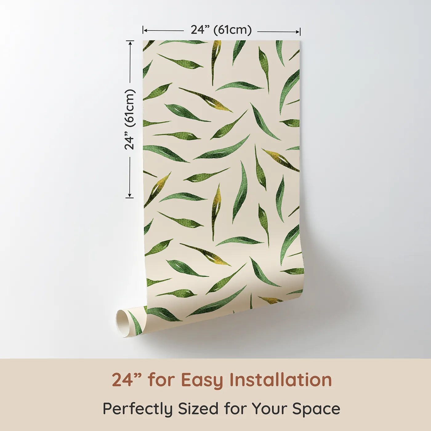 Dimension view of Whimsy Tots Whimsy Leaf Scatter Wallpaper in Cream (W3271C). Printed in 24-inch-wide panel for easy installation. Delicate leaves drift peacefully across a warm cream sky.