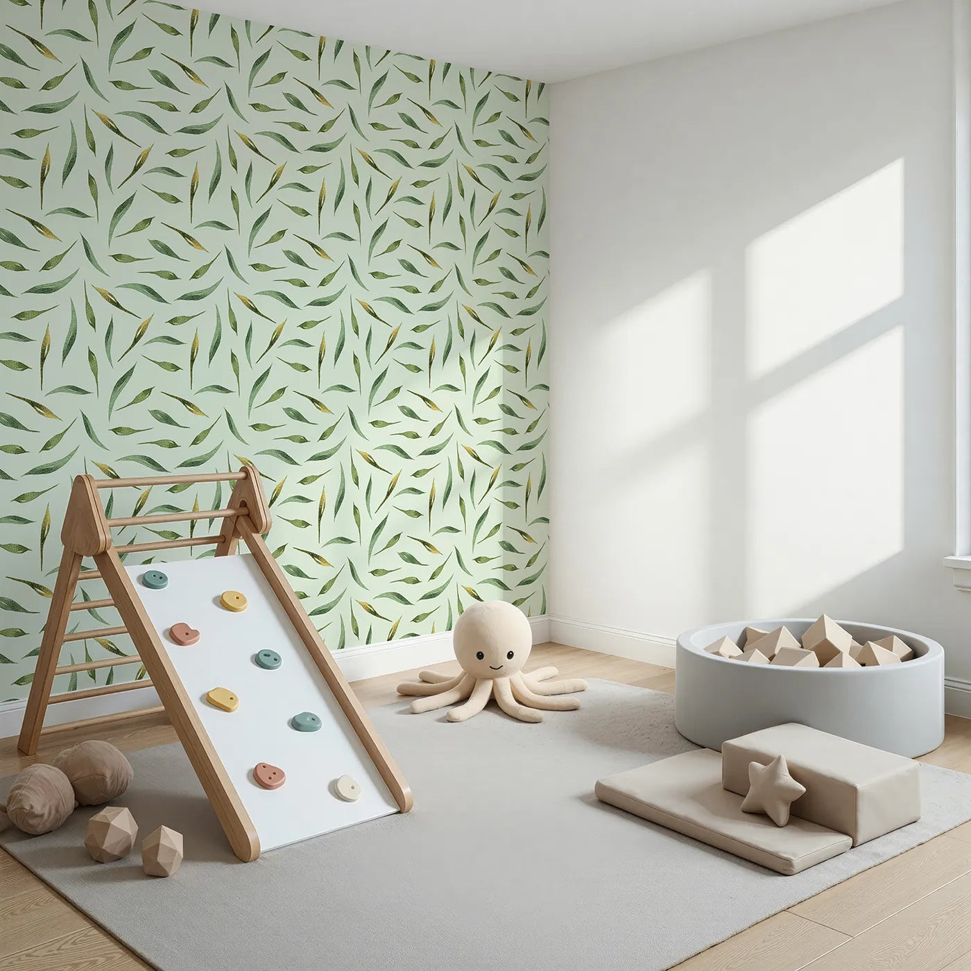 Angled view of Whimsy Tots' Whimsy Leaf Scatter Wallpaper in Mint Green (W3271D).Leafy shapes twirl gently across a dewy mint breeze.