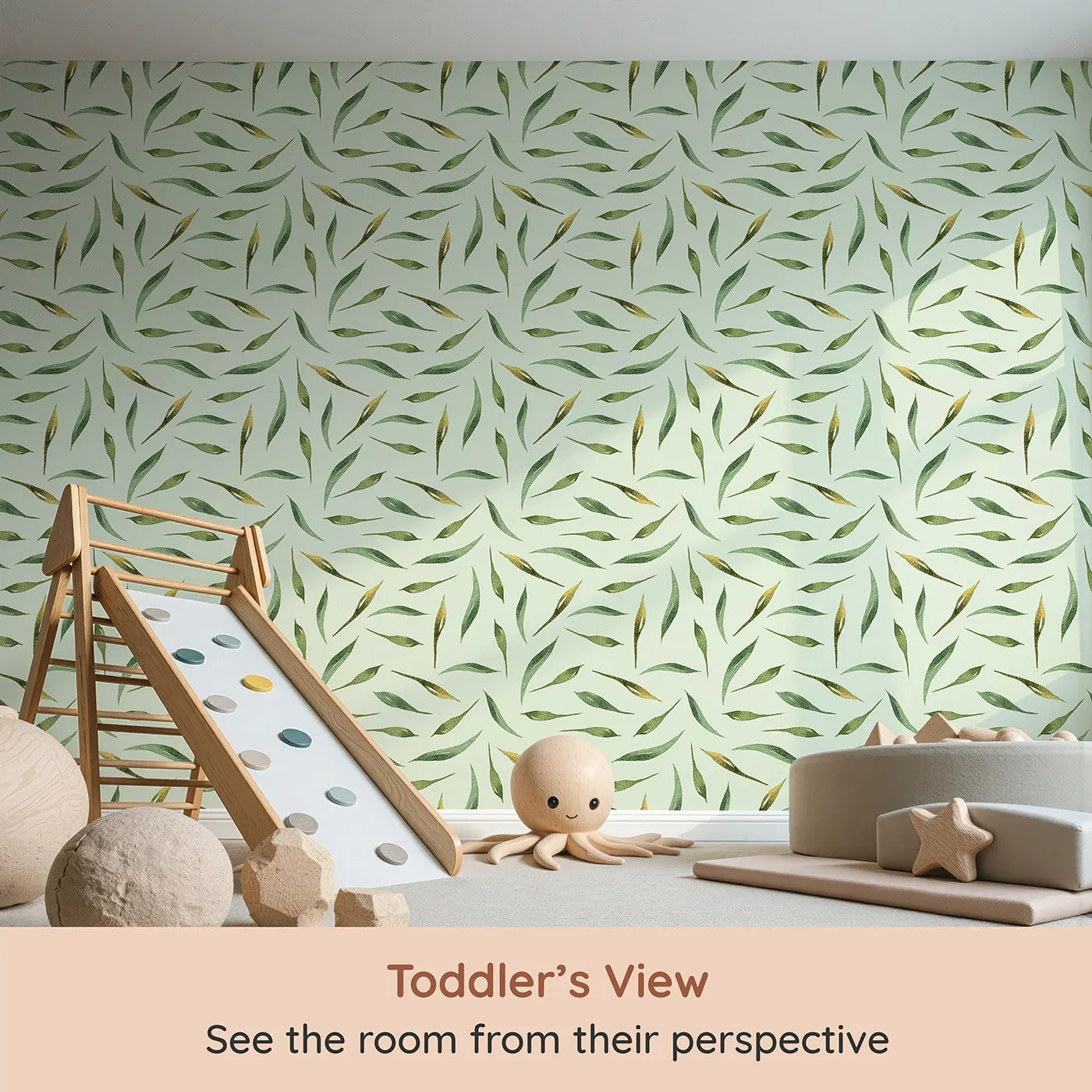 Whimsy Tots Whimsy Leaf Scatter Wallpaper in Mint Green (W3271D) from your child's view.Leafy shapes twirl gently across a dewy mint breeze.