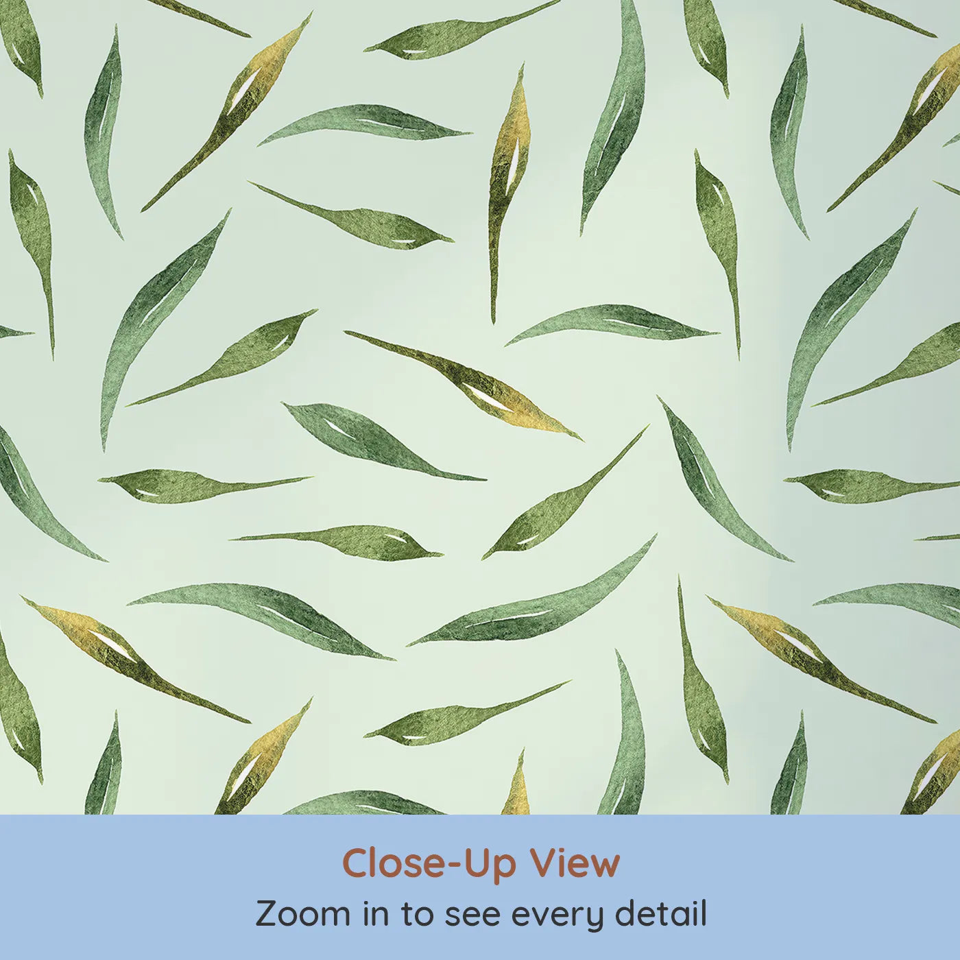 Close-up view of Whimsy Tots' Whimsy Leaf Scatter Wallpaper in Mint Green (W3271D).Leafy shapes twirl gently across a dewy mint breeze.