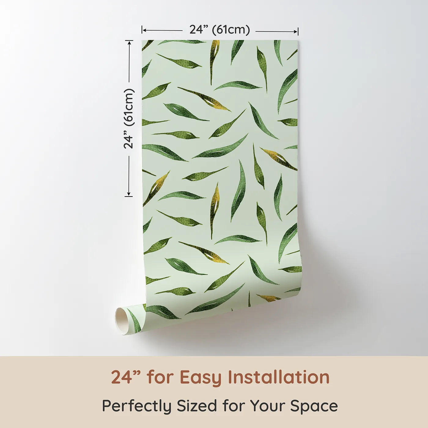 Dimension view of Whimsy Tots Whimsy Leaf Scatter Wallpaper in Mint Green (W3271D). Printed in 24-inch-wide panel for easy installation. Leafy shapes twirl gently across a dewy mint breeze.